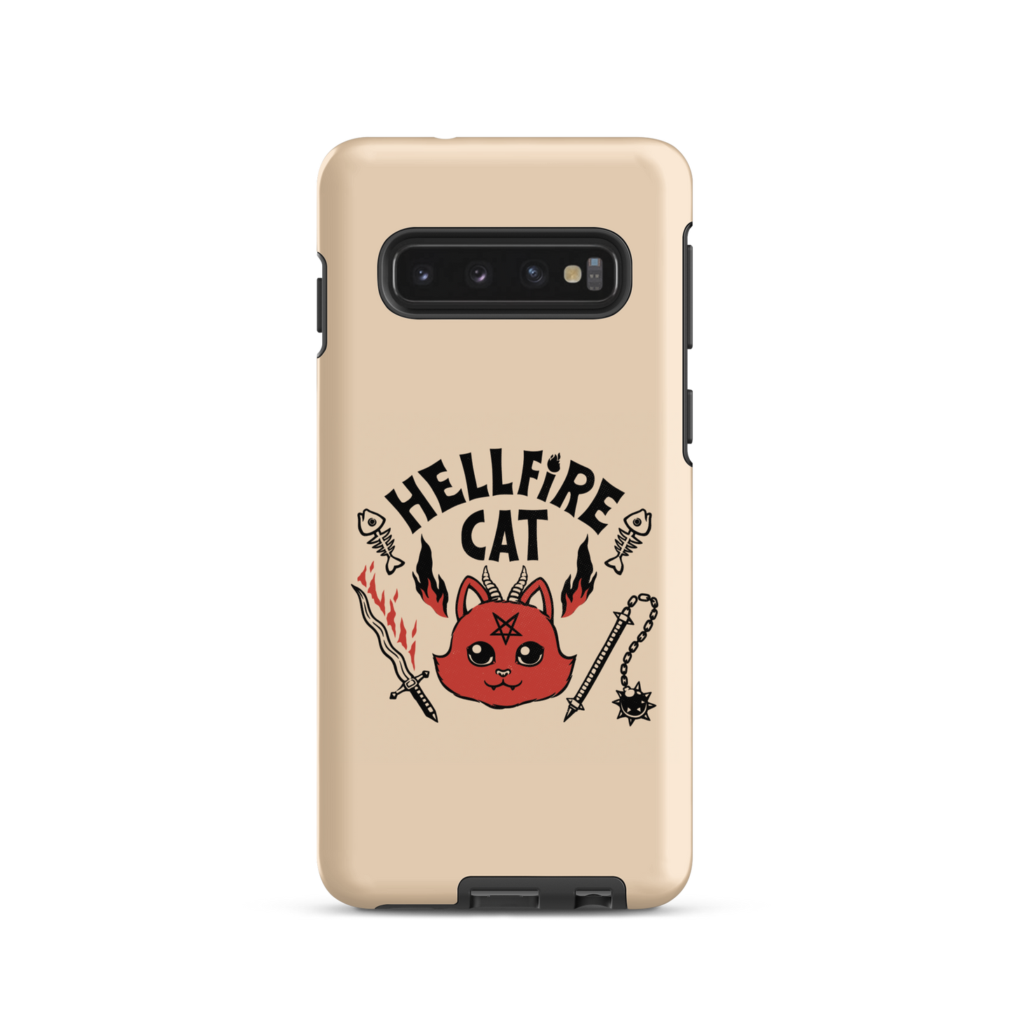 Vintage-style illustration of a cute red devil cat with small horns and a pentagram on its forehead, surrounded by flames, weapons, fish skeletons, and the bold phrase “Hellfire Cat” in a playful gothic design.