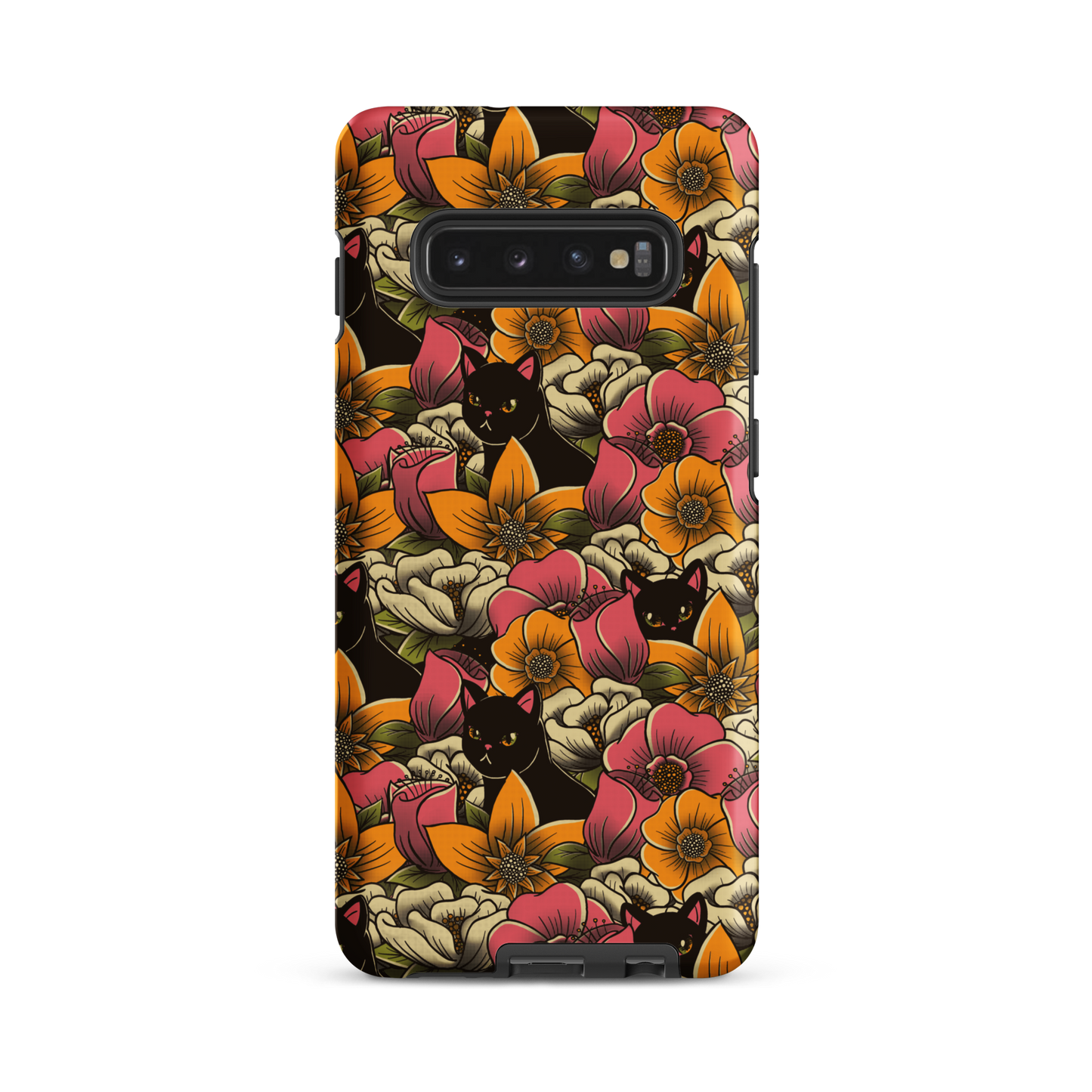 The image features a repeating pattern of colorful flowers in pink, yellow, and cream hues with lush green foliage. Interspersed among the flowers are playful black cats with bright eyes. The design has a whimsical and vibrant feel, ideal for various products like t-shirts, stickers, coffee cups, and skateboards. The style is reminiscent of traditional floral art blended with playful elements of animal decor.