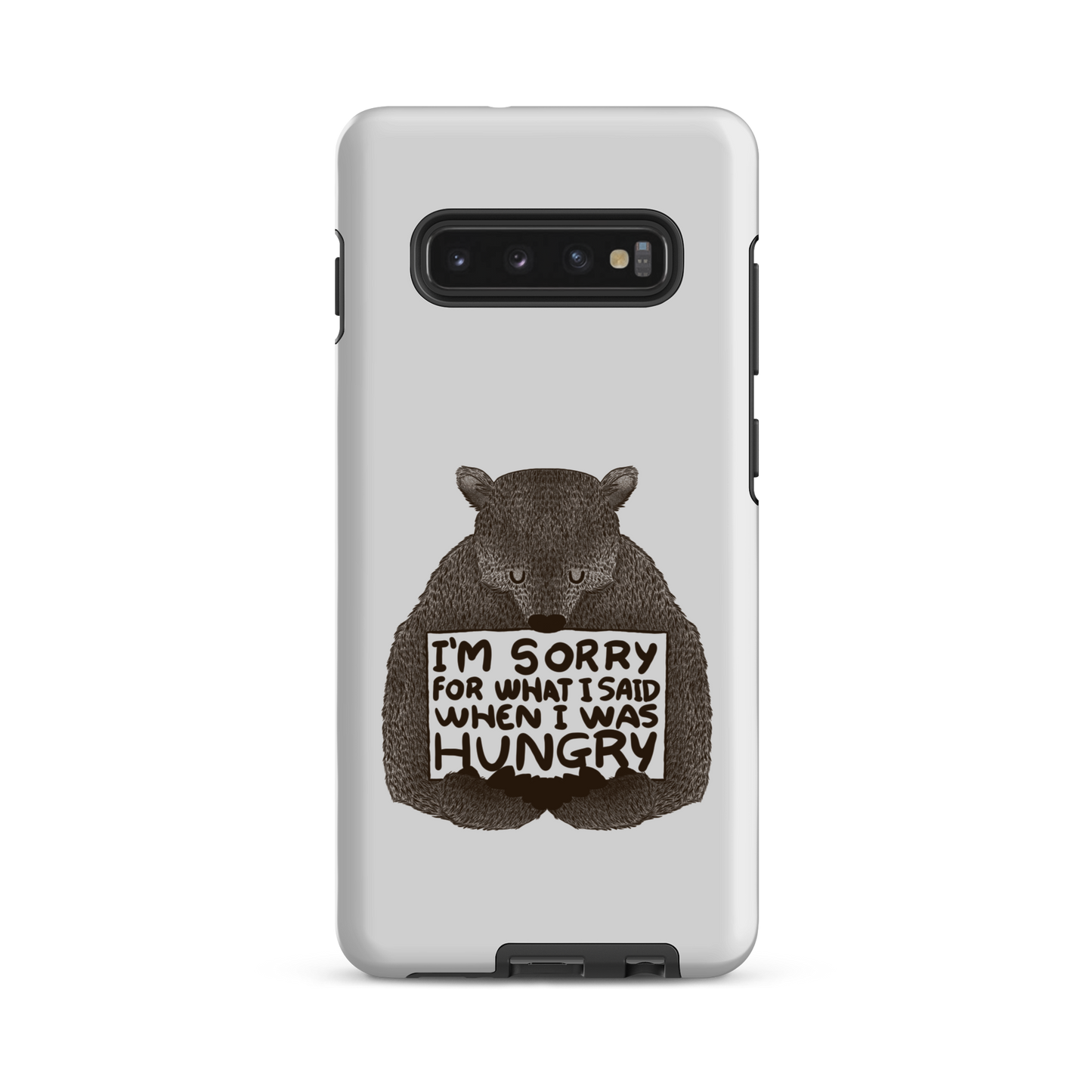 The image shows a humorous, detailed illustration of a bear, drawn in a hand-drawn style, holding a sign that reads 'I'm sorry for what I said when I was hungry.' The bear appears to be apologizing in a comical, endearing manner, making it a relatable and light-hearted design.