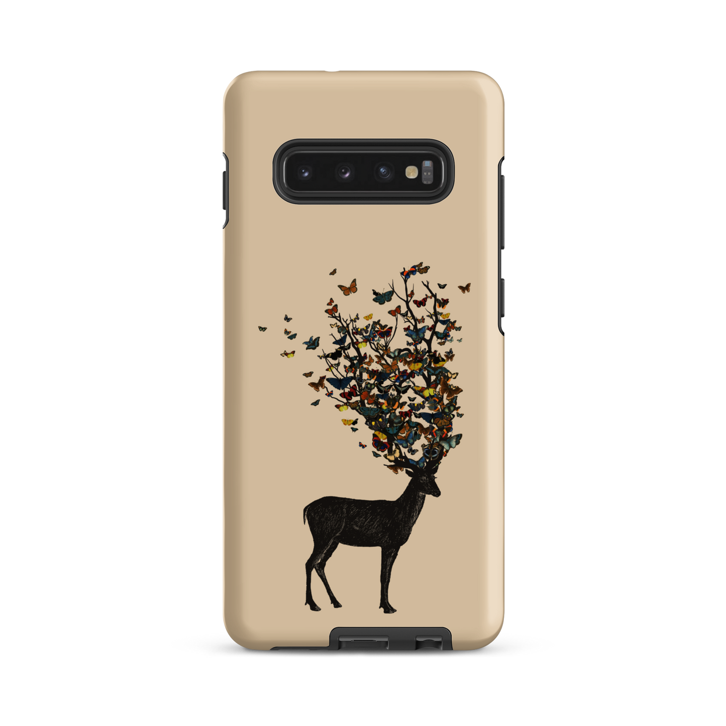 The image depicts a dark, silhouetted deer standing on a neutral background. Instead of branches, its antlers transform into a swirling cloud of vibrant, colorful butterflies that extend upwards and outward. The mix of organic and ethereal elements creates a captivating and whimsical visual contrast.