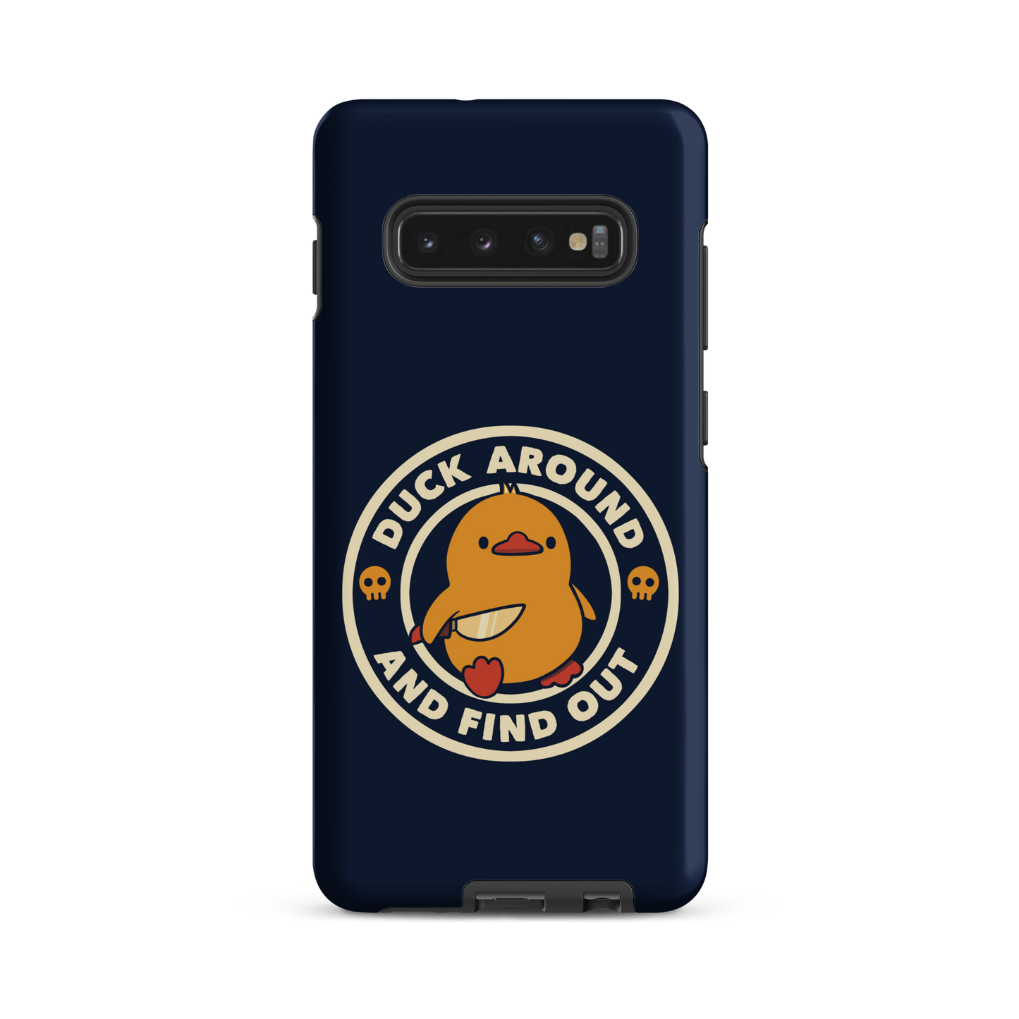 A cute yellow duck holding a small knife, around it the text "Duck Around And Find Out". An art that mixes humor with the temperament of ducks.