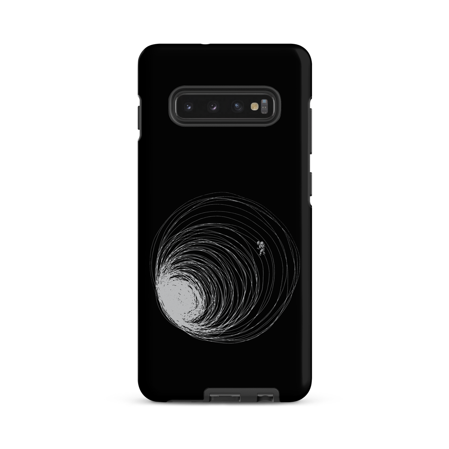 A big black hole with an astronaut floating around as if being sucked into it. A minimalist art perfect for those who love space.