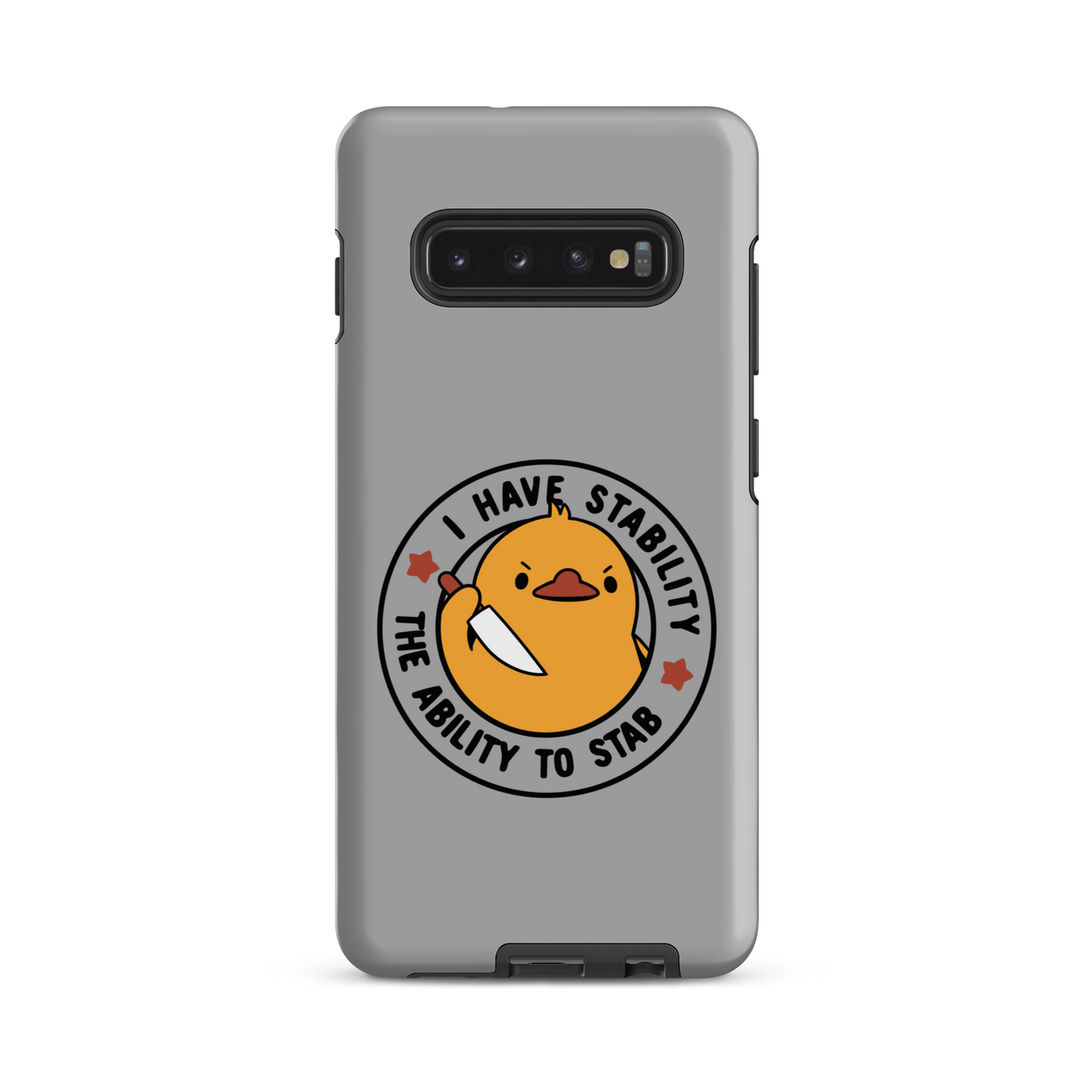 A cute duckling holding a knife with an angry face. Wrapped with a funny phrase that says "I Have Stability The Ability To Stab". This is an art that combines a famous internet meme about duck temperament with a clever pun. The perfect gift for people who like smart humor.