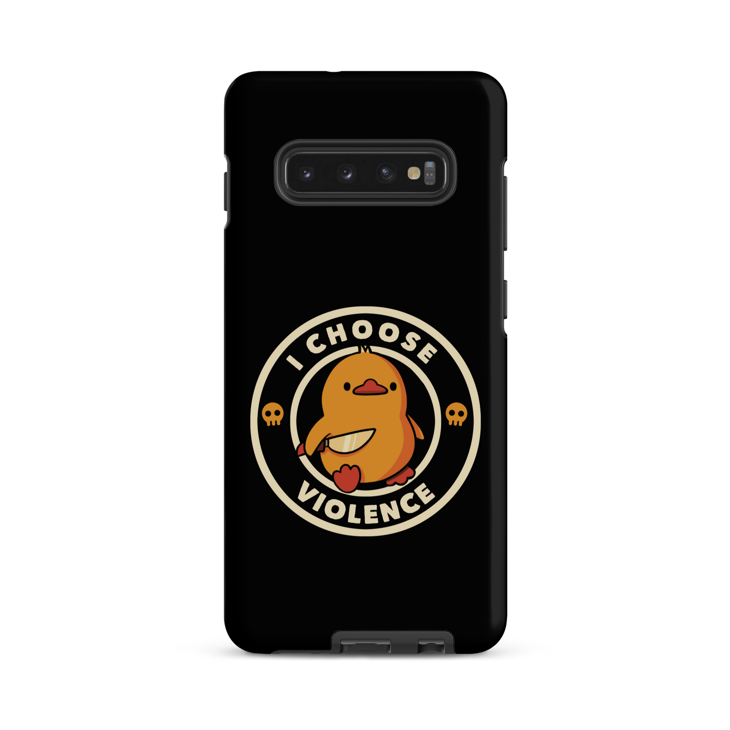 A cute, cartoon-style yellow duckling stands confidently holding a large knife in its wing. The duckling is encircled by text saying 'I CHOOSE VIOLENCE' in bold white letters. Small skull symbols flank the chick on either side, adding a touch of humor and irony to the otherwise adorable drawing.