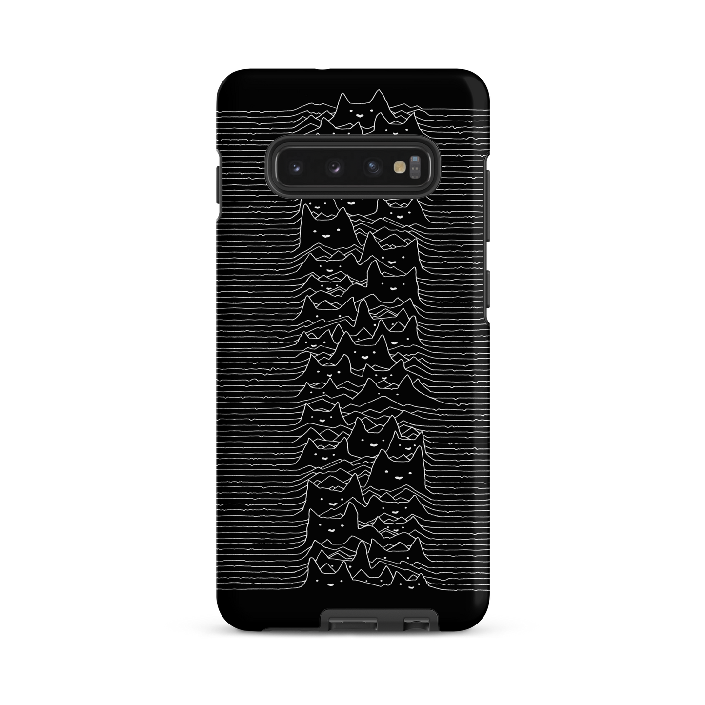 The drawing is a series of continuous wavy lines forming a pattern reminiscent of sound waves or topographic maps, but with an unexpected twist: the lines create the shapes of numerous cat faces stacked vertically. Each cat has simple, expressive features with pointed ears, adding a whimsical element to the otherwise structured pattern.