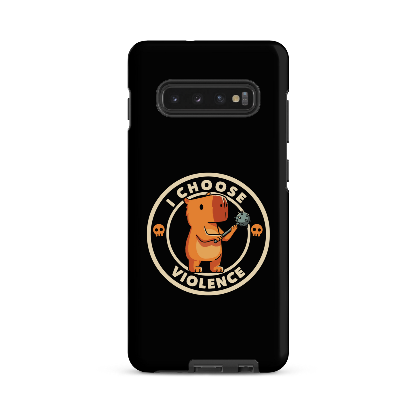 A cute, cartoonish burnt yellow capybara stands holding a spiked mace with a determined expression. Surrounding it is a circular design with the text 'I CHOOSE VIOLENCE' and two small skulls on either side, giving it a humorous yet ironic tone.