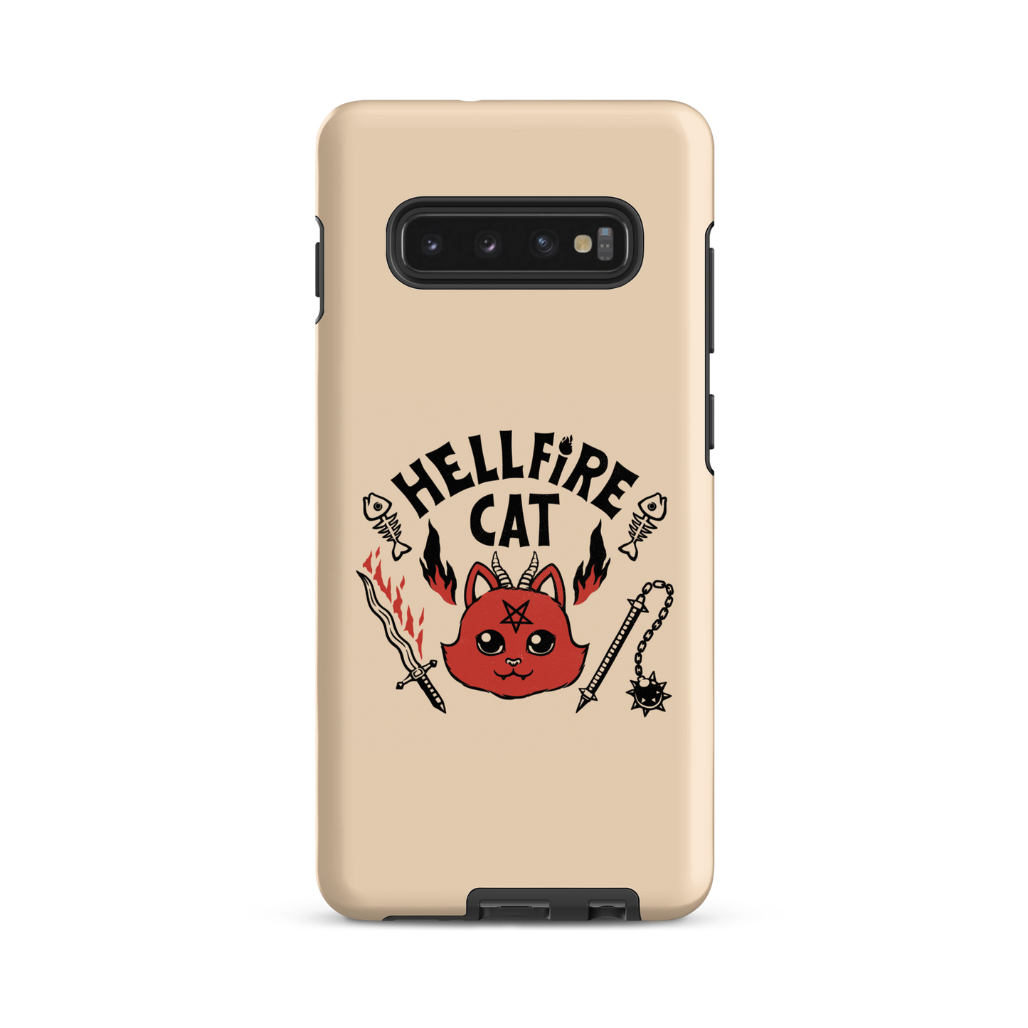 Vintage-style illustration of a cute red devil cat with small horns and a pentagram on its forehead, surrounded by flames, weapons, fish skeletons, and the bold phrase “Hellfire Cat” in a playful gothic design.