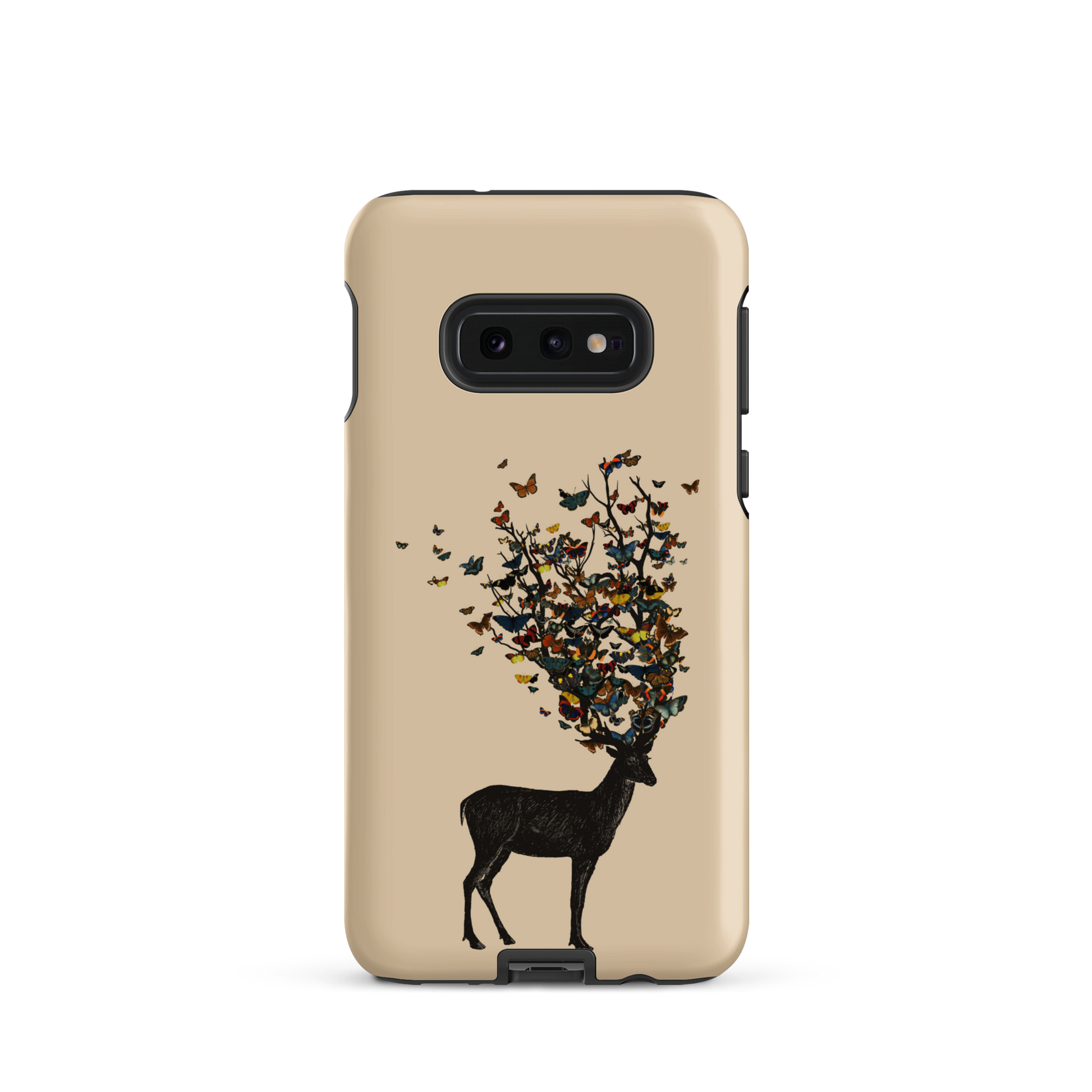 The image depicts a dark, silhouetted deer standing on a neutral background. Instead of branches, its antlers transform into a swirling cloud of vibrant, colorful butterflies that extend upwards and outward. The mix of organic and ethereal elements creates a captivating and whimsical visual contrast.