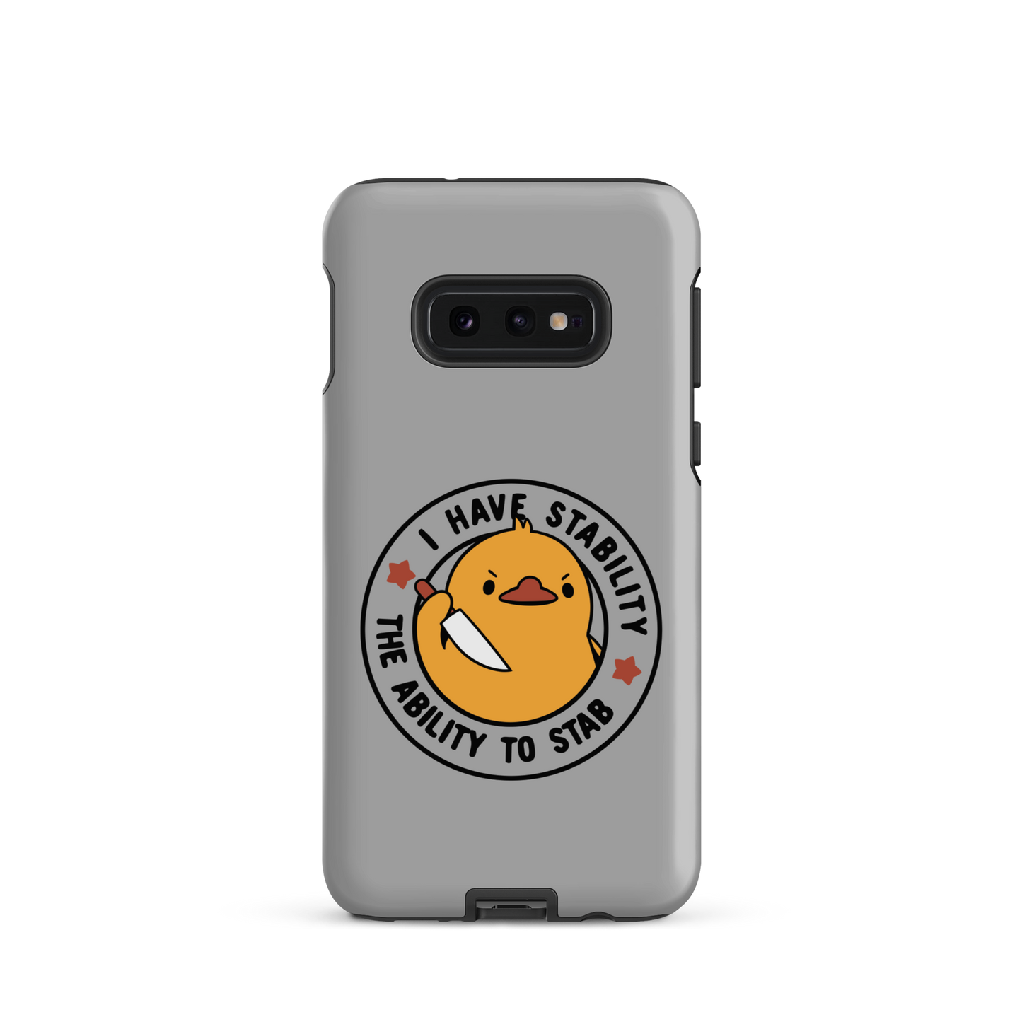 A cute duckling holding a knife with an angry face. Wrapped with a funny phrase that says "I Have Stability The Ability To Stab". This is an art that combines a famous internet meme about duck temperament with a clever pun. The perfect gift for people who like smart humor.