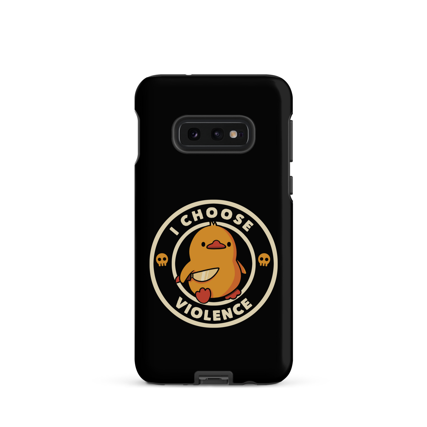 A cute, cartoon-style yellow duckling stands confidently holding a large knife in its wing. The duckling is encircled by text saying 'I CHOOSE VIOLENCE' in bold white letters. Small skull symbols flank the chick on either side, adding a touch of humor and irony to the otherwise adorable drawing.