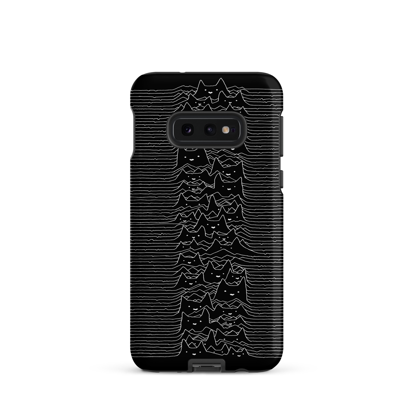 The drawing is a series of continuous wavy lines forming a pattern reminiscent of sound waves or topographic maps, but with an unexpected twist: the lines create the shapes of numerous cat faces stacked vertically. Each cat has simple, expressive features with pointed ears, adding a whimsical element to the otherwise structured pattern.