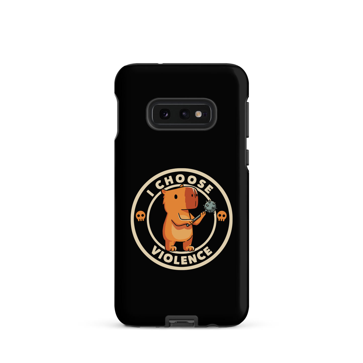A cute, cartoonish burnt yellow capybara stands holding a spiked mace with a determined expression. Surrounding it is a circular design with the text 'I CHOOSE VIOLENCE' and two small skulls on either side, giving it a humorous yet ironic tone.