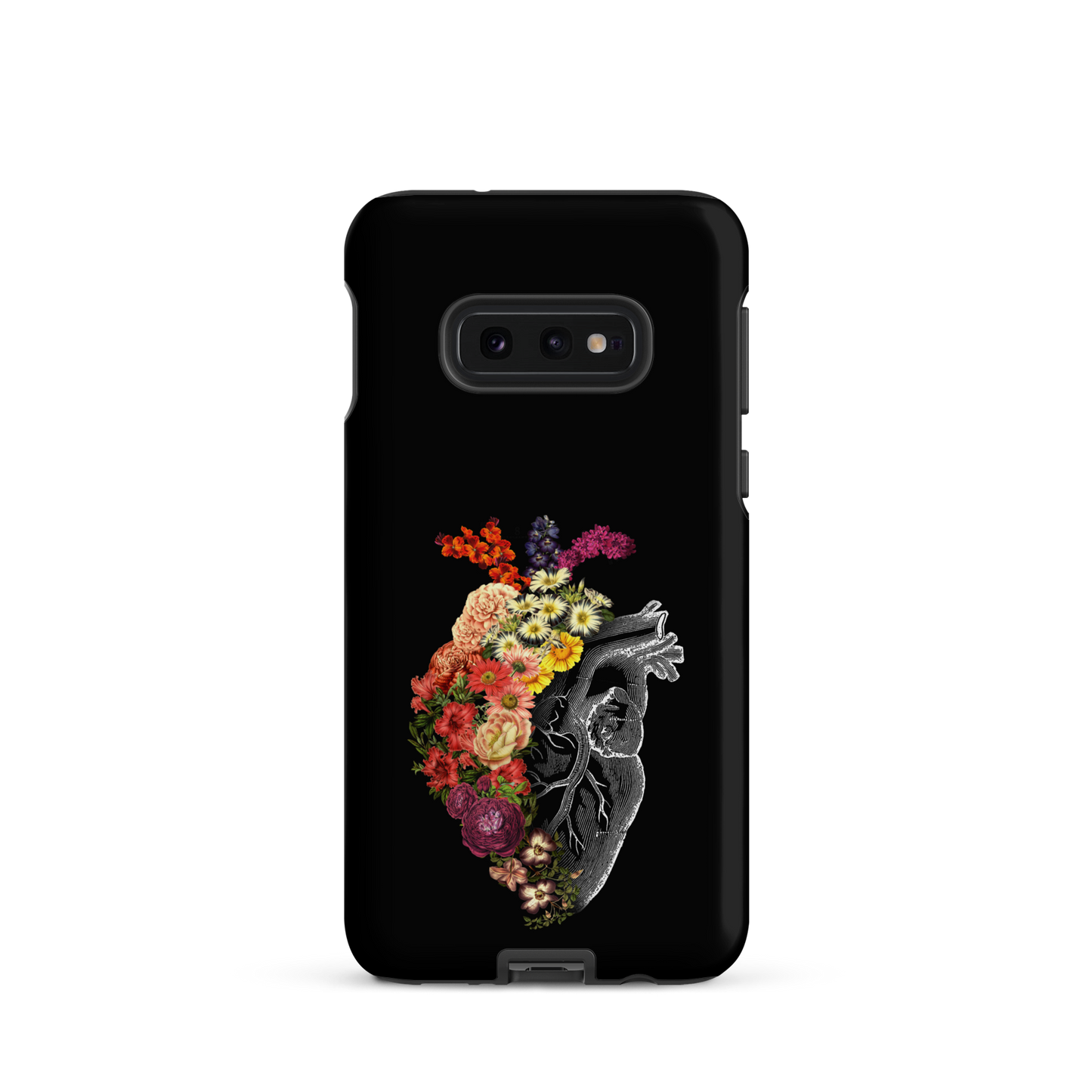The design is an intricate and anatomical drawing of a human heart on a black background. The left side of the heart morphs into a vibrant assortment of colorful flowers, including roses, daisies, and other blooming blossoms, creating a striking contrast between the realistic and the surreal, symbolizing the harmony between nature and humanity.
