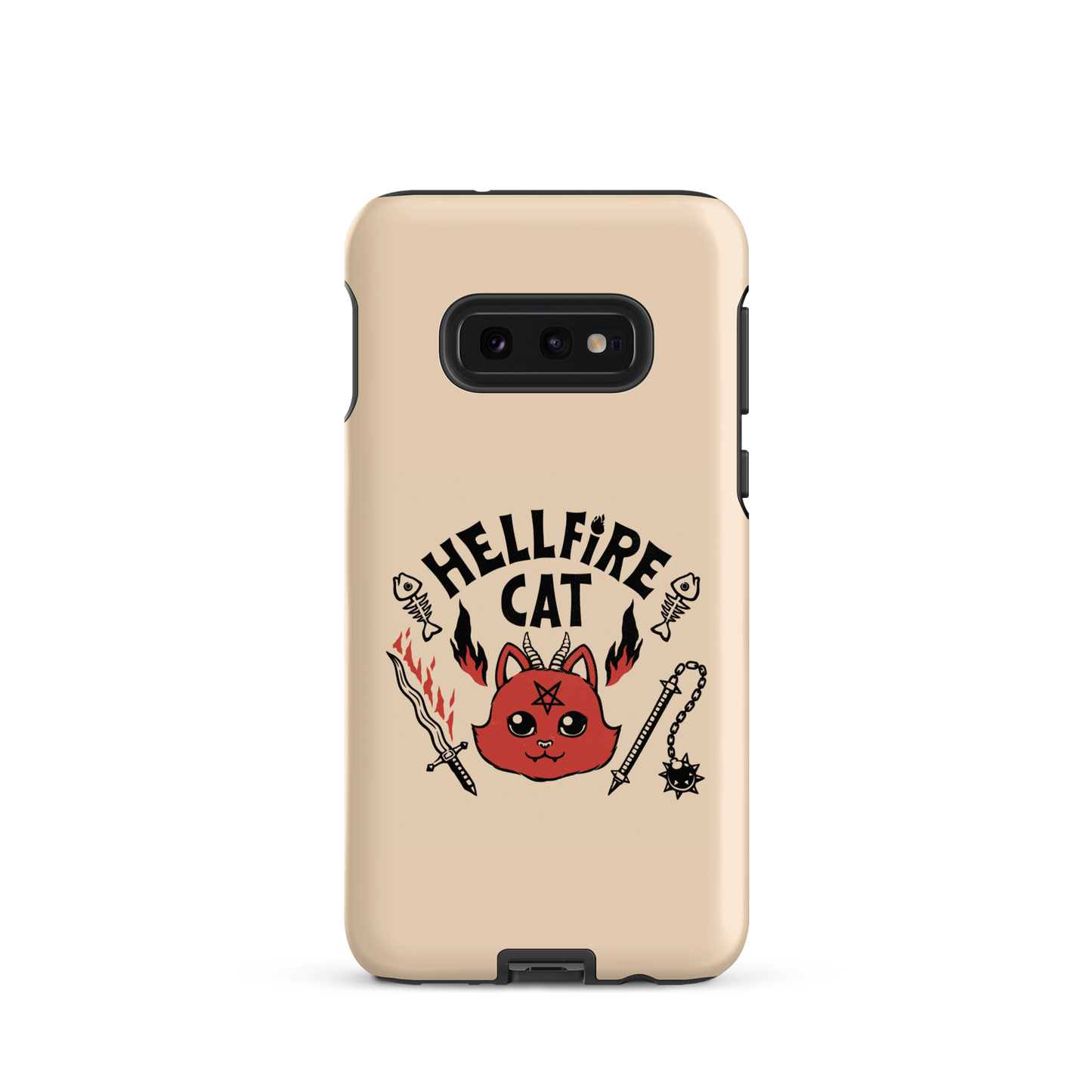 Vintage-style illustration of a cute red devil cat with small horns and a pentagram on its forehead, surrounded by flames, weapons, fish skeletons, and the bold phrase “Hellfire Cat” in a playful gothic design.