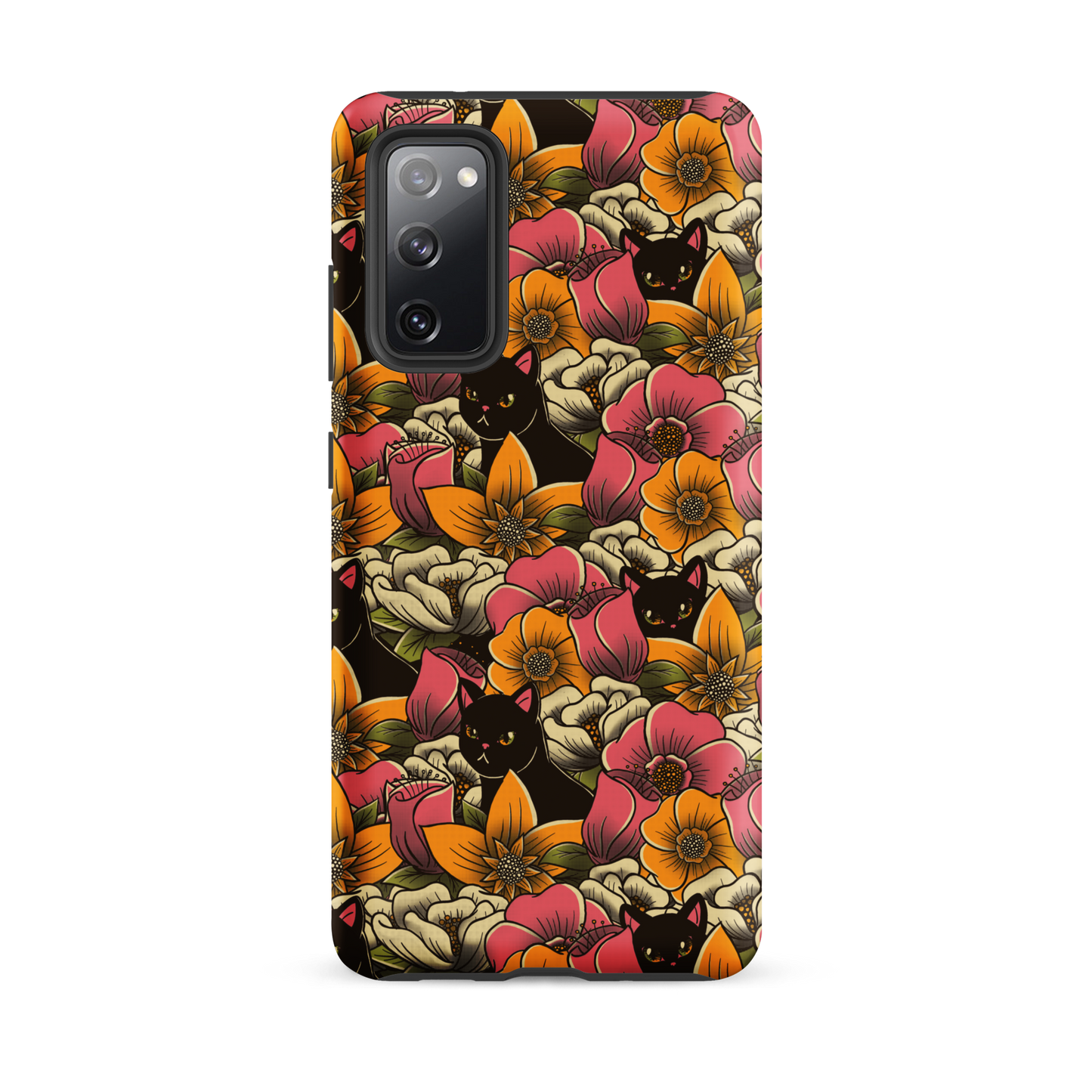 The image features a repeating pattern of colorful flowers in pink, yellow, and cream hues with lush green foliage. Interspersed among the flowers are playful black cats with bright eyes. The design has a whimsical and vibrant feel, ideal for various products like t-shirts, stickers, coffee cups, and skateboards. The style is reminiscent of traditional floral art blended with playful elements of animal decor.