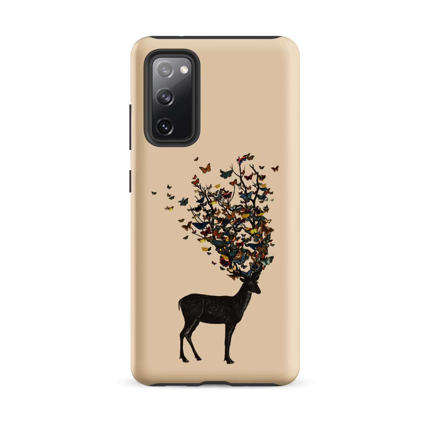 The image depicts a dark, silhouetted deer standing on a neutral background. Instead of branches, its antlers transform into a swirling cloud of vibrant, colorful butterflies that extend upwards and outward. The mix of organic and ethereal elements creates a captivating and whimsical visual contrast.