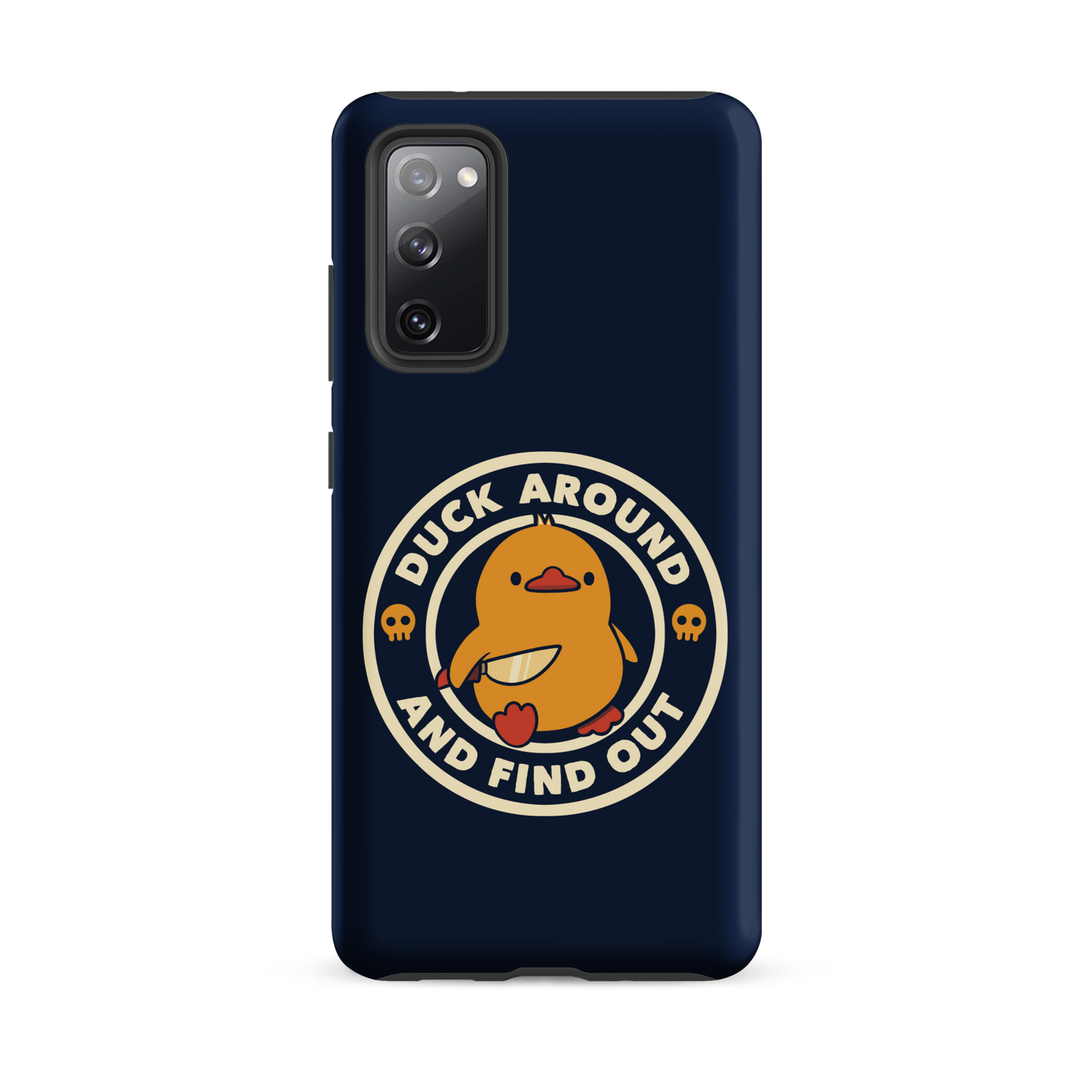 A cute yellow duck holding a small knife, around it the text "Duck Around And Find Out". An art that mixes humor with the temperament of ducks.