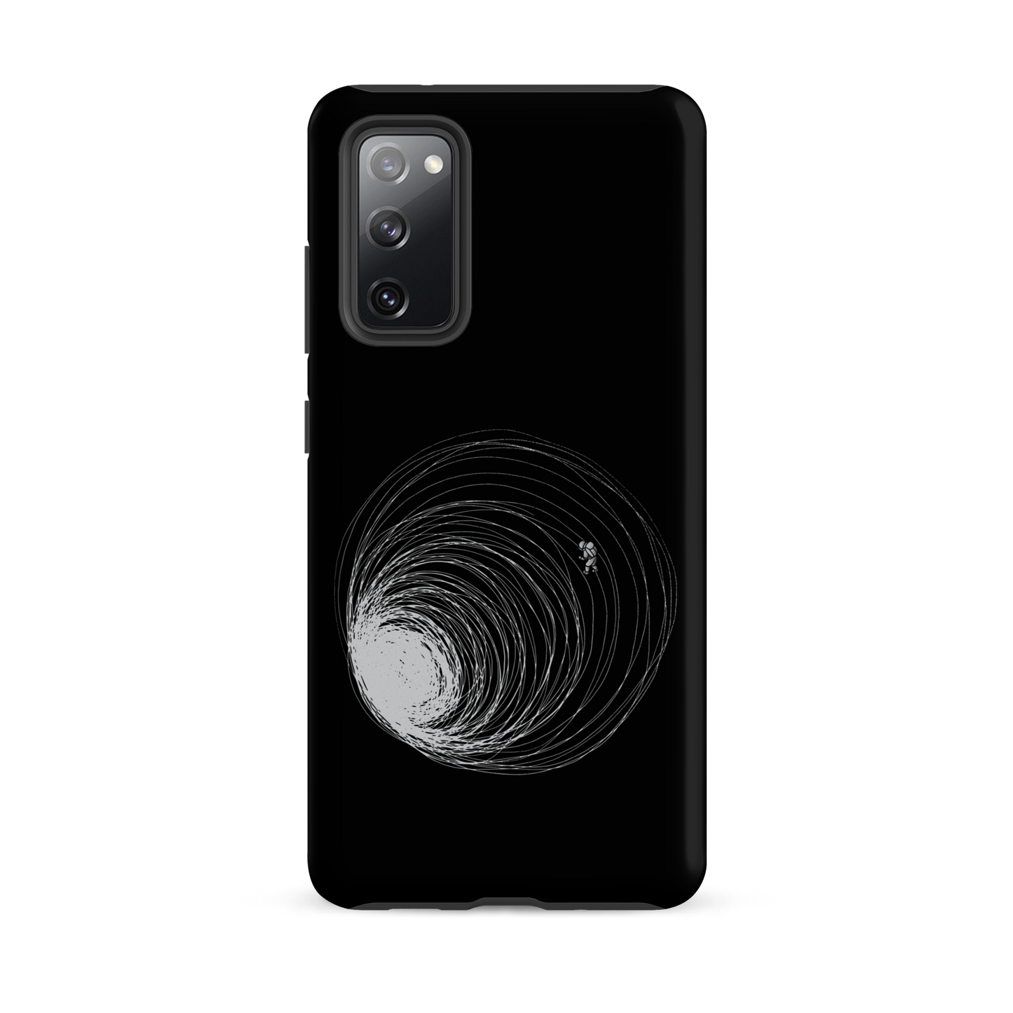 A big black hole with an astronaut floating around as if being sucked into it. A minimalist art perfect for those who love space.