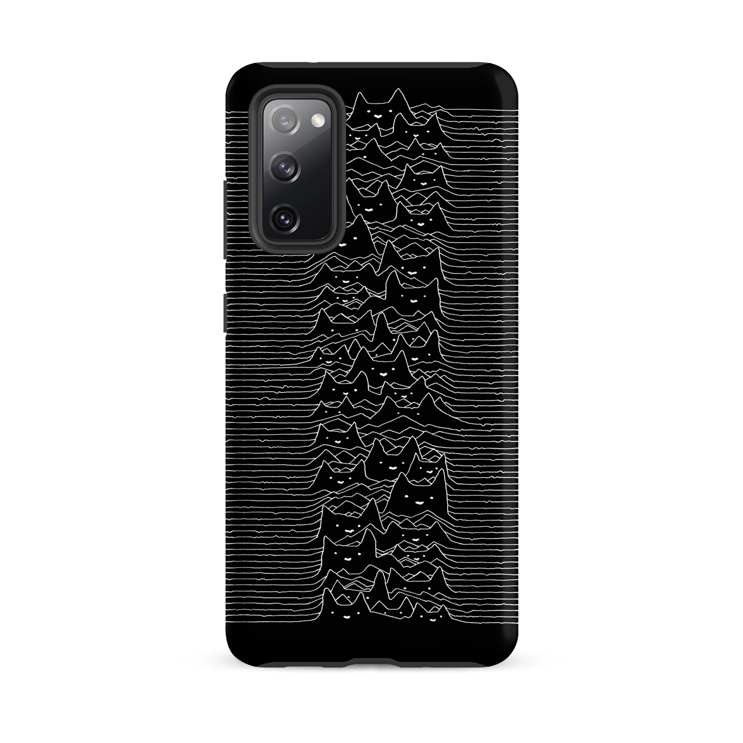 The drawing is a series of continuous wavy lines forming a pattern reminiscent of sound waves or topographic maps, but with an unexpected twist: the lines create the shapes of numerous cat faces stacked vertically. Each cat has simple, expressive features with pointed ears, adding a whimsical element to the otherwise structured pattern.