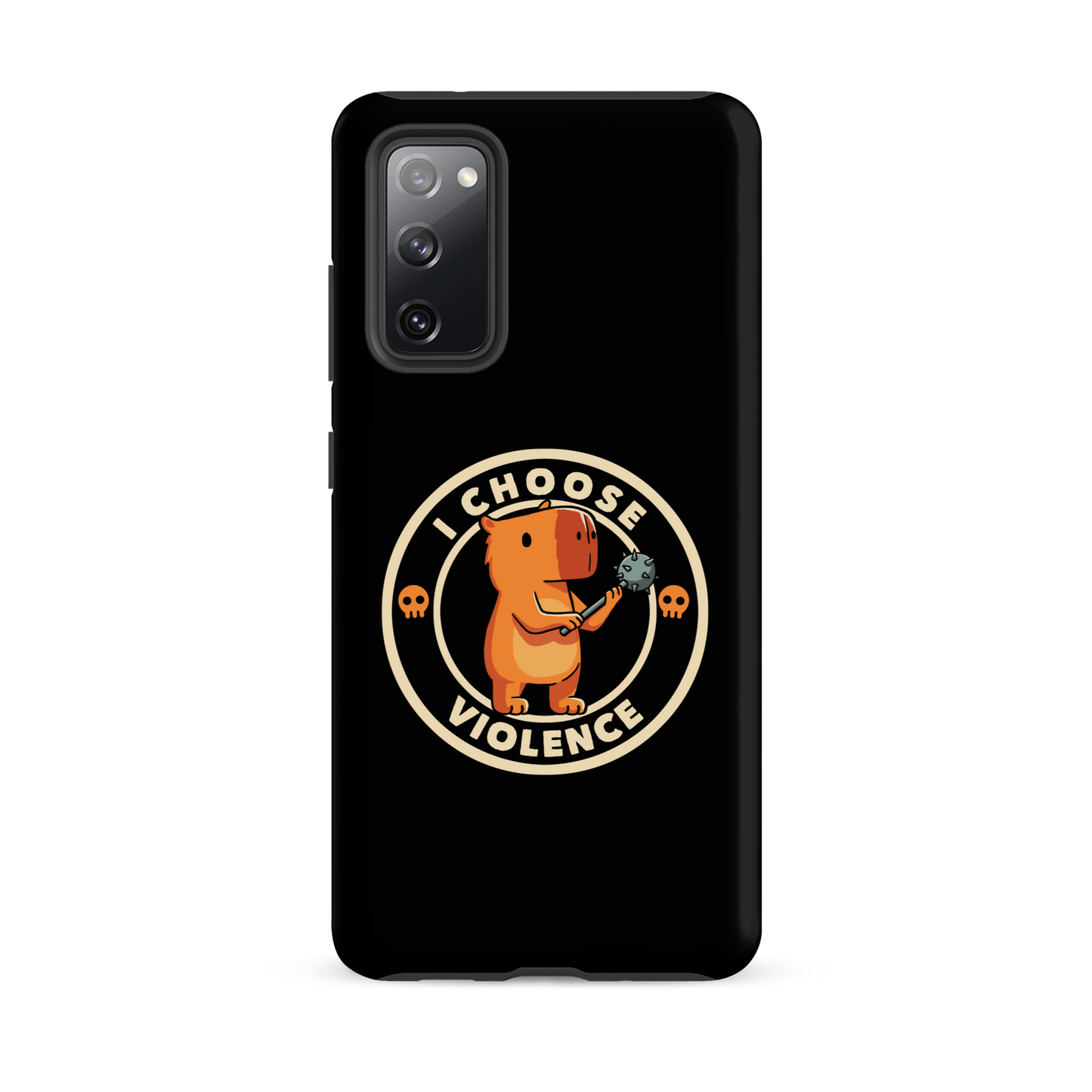 A cute, cartoonish burnt yellow capybara stands holding a spiked mace with a determined expression. Surrounding it is a circular design with the text 'I CHOOSE VIOLENCE' and two small skulls on either side, giving it a humorous yet ironic tone.