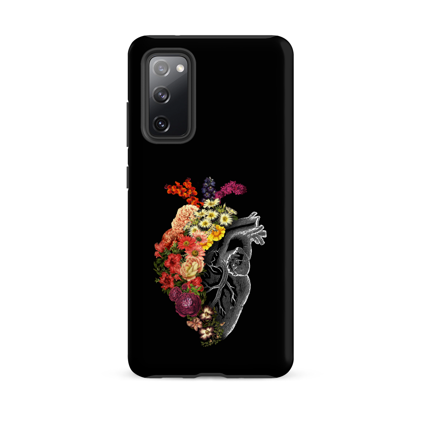 The design is an intricate and anatomical drawing of a human heart on a black background. The left side of the heart morphs into a vibrant assortment of colorful flowers, including roses, daisies, and other blooming blossoms, creating a striking contrast between the realistic and the surreal, symbolizing the harmony between nature and humanity.