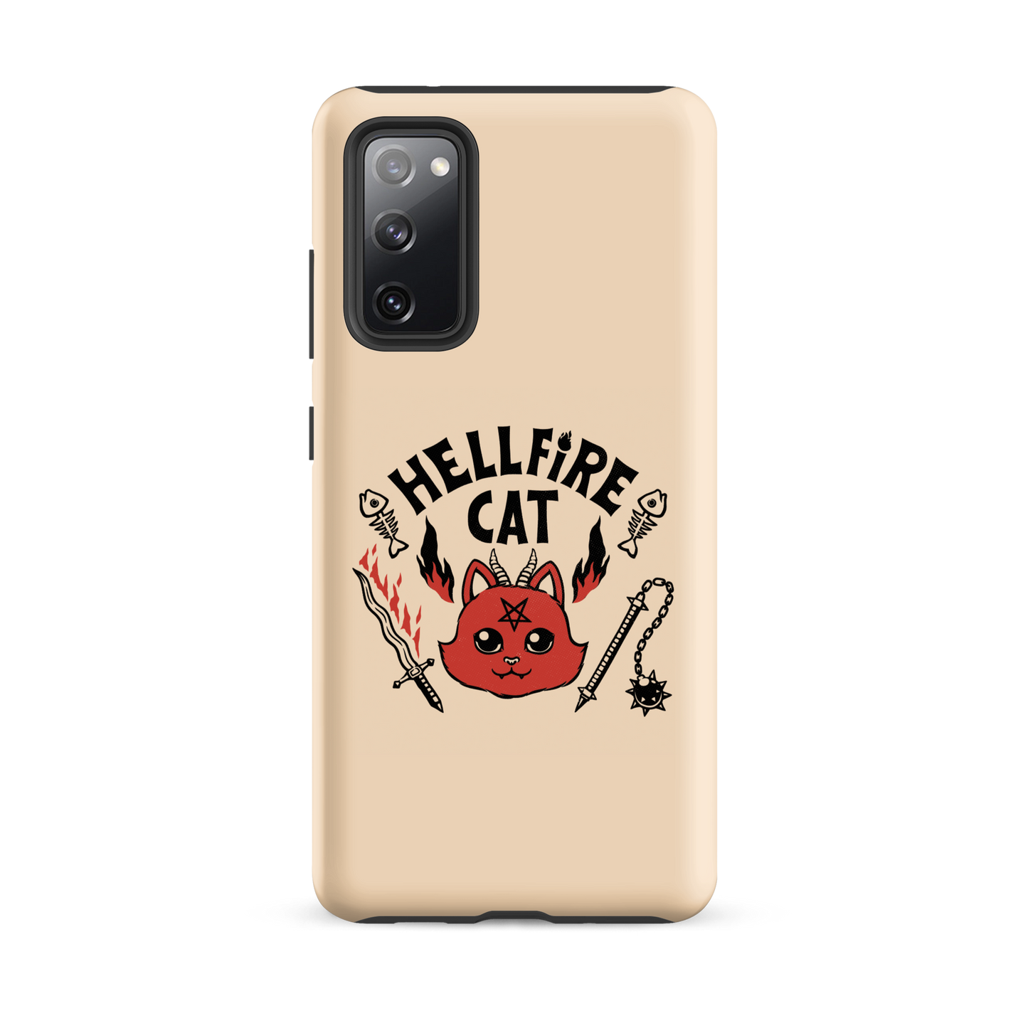 Vintage-style illustration of a cute red devil cat with small horns and a pentagram on its forehead, surrounded by flames, weapons, fish skeletons, and the bold phrase “Hellfire Cat” in a playful gothic design.