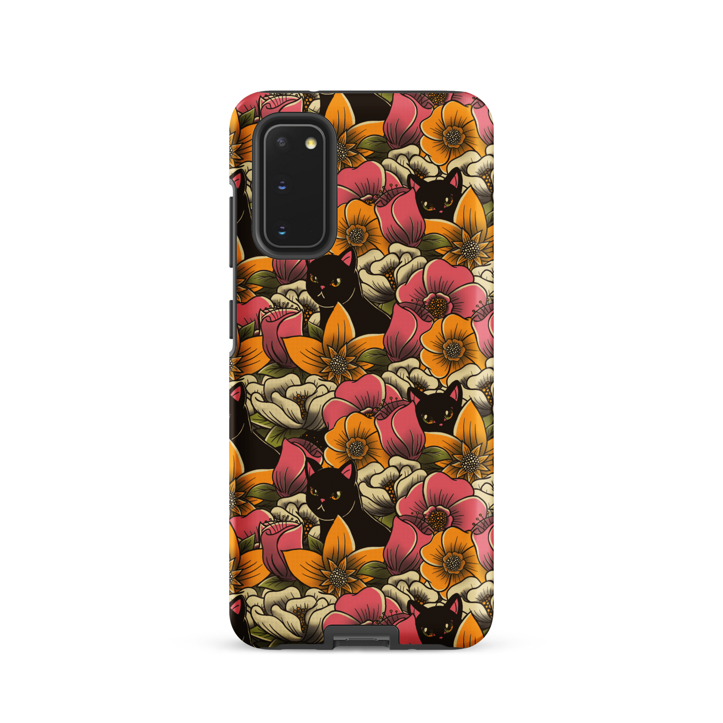 The image features a repeating pattern of colorful flowers in pink, yellow, and cream hues with lush green foliage. Interspersed among the flowers are playful black cats with bright eyes. The design has a whimsical and vibrant feel, ideal for various products like t-shirts, stickers, coffee cups, and skateboards. The style is reminiscent of traditional floral art blended with playful elements of animal decor.