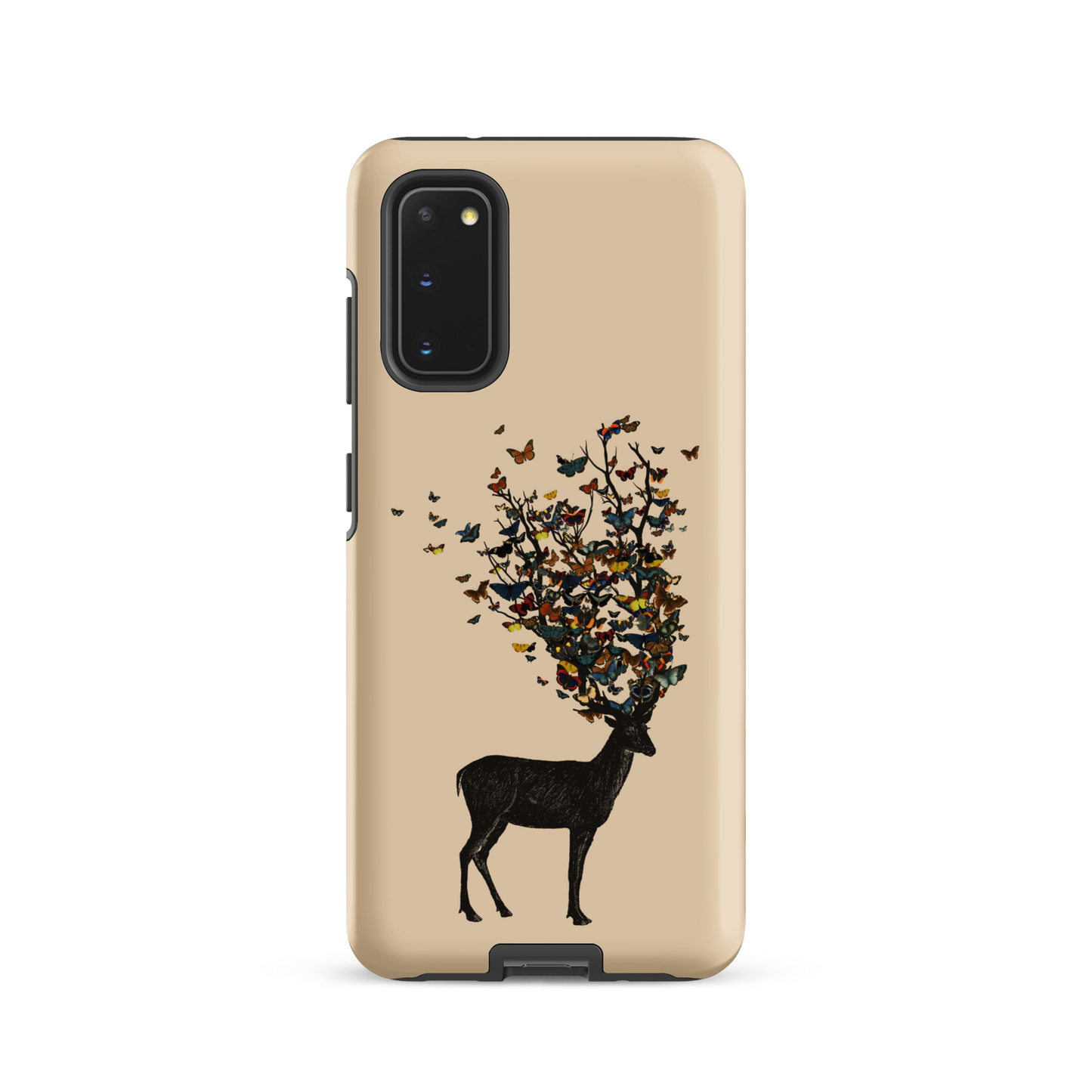 The image depicts a dark, silhouetted deer standing on a neutral background. Instead of branches, its antlers transform into a swirling cloud of vibrant, colorful butterflies that extend upwards and outward. The mix of organic and ethereal elements creates a captivating and whimsical visual contrast.