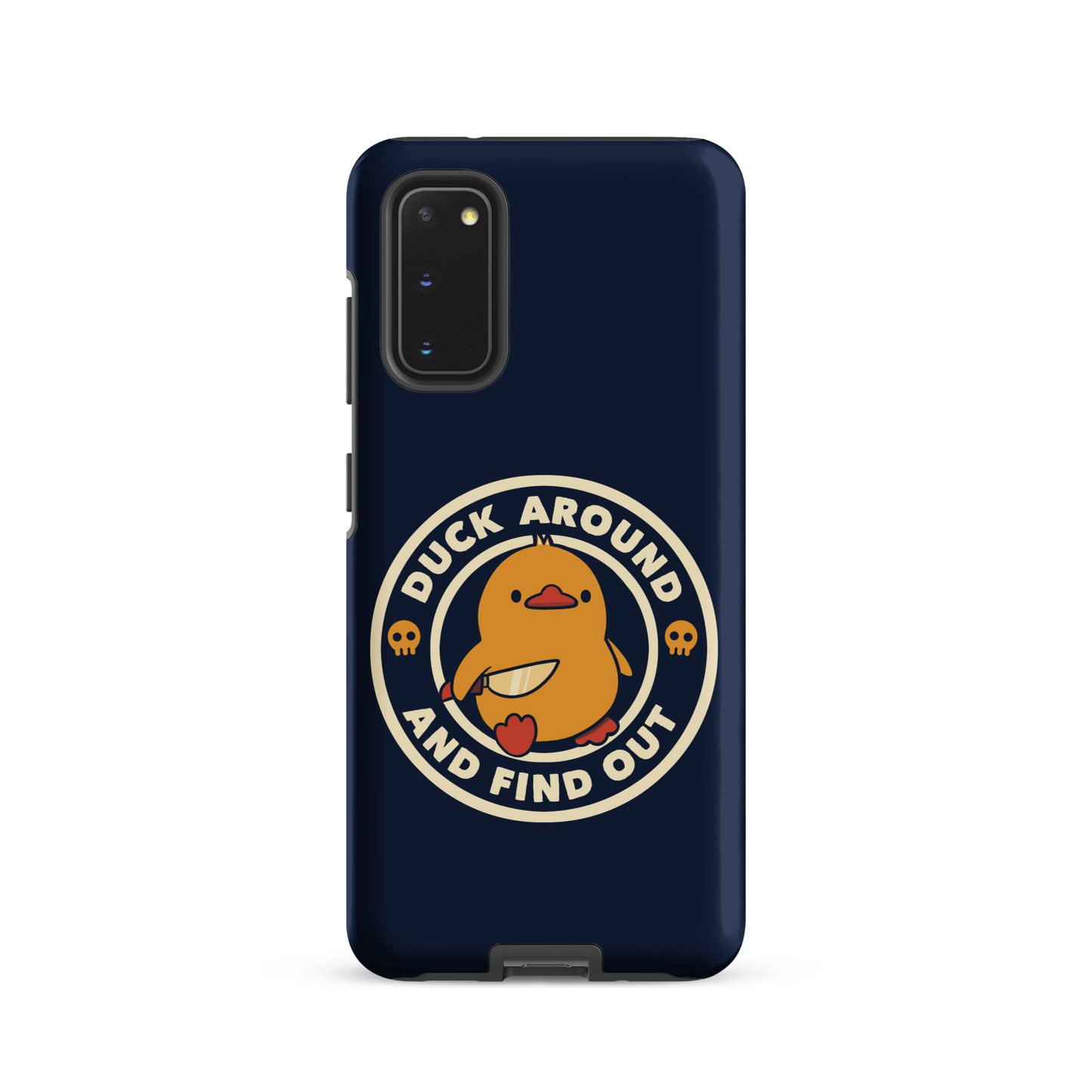 A cute yellow duck holding a small knife, around it the text "Duck Around And Find Out". An art that mixes humor with the temperament of ducks.