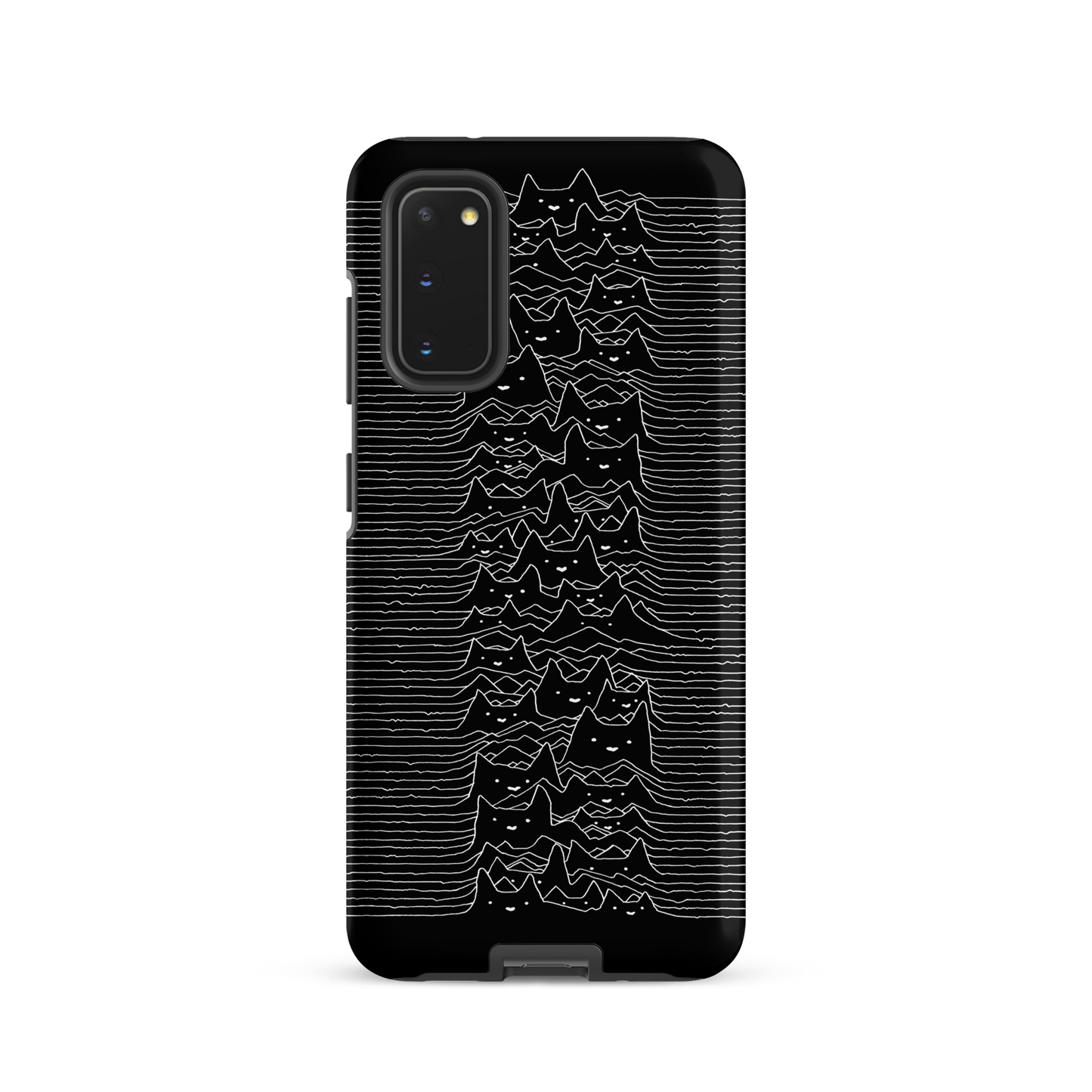 The drawing is a series of continuous wavy lines forming a pattern reminiscent of sound waves or topographic maps, but with an unexpected twist: the lines create the shapes of numerous cat faces stacked vertically. Each cat has simple, expressive features with pointed ears, adding a whimsical element to the otherwise structured pattern.