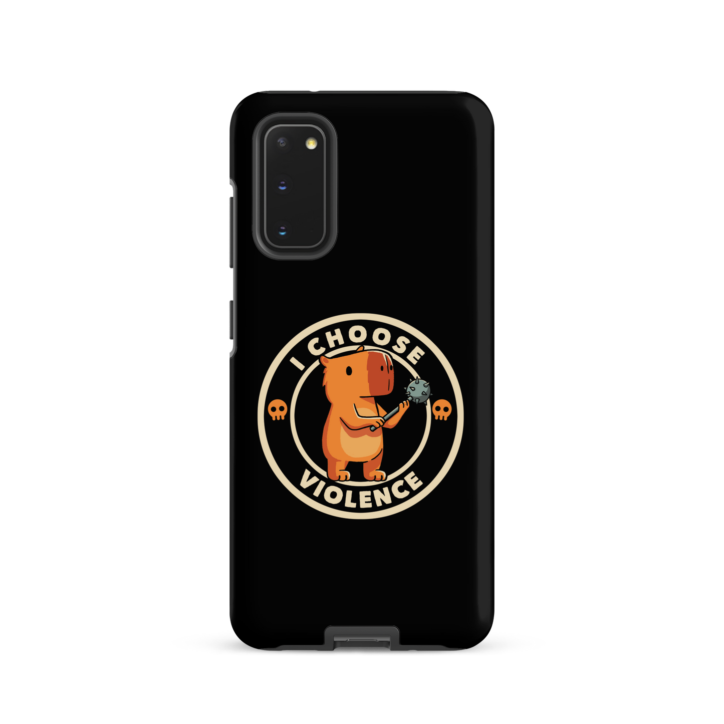 A cute, cartoonish burnt yellow capybara stands holding a spiked mace with a determined expression. Surrounding it is a circular design with the text 'I CHOOSE VIOLENCE' and two small skulls on either side, giving it a humorous yet ironic tone.