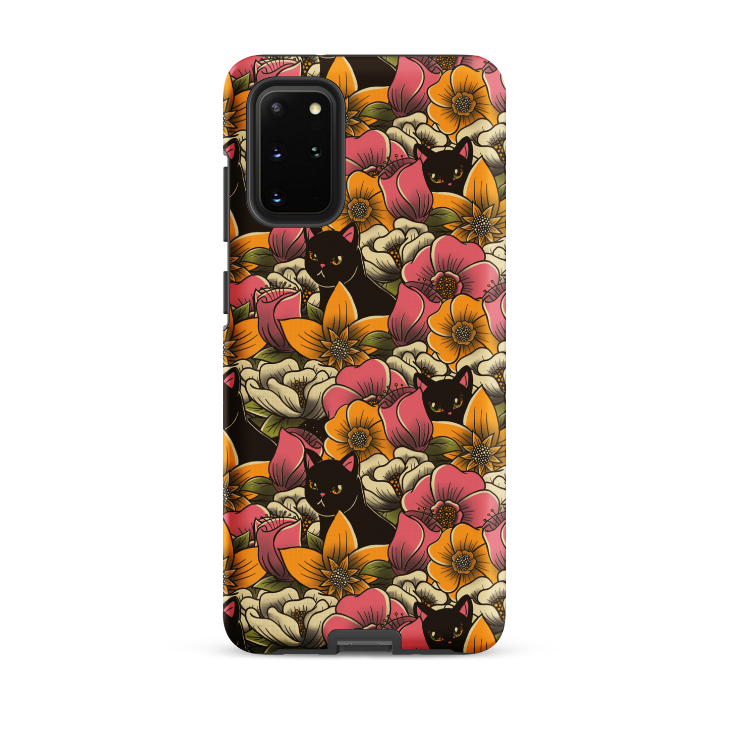 The image features a repeating pattern of colorful flowers in pink, yellow, and cream hues with lush green foliage. Interspersed among the flowers are playful black cats with bright eyes. The design has a whimsical and vibrant feel, ideal for various products like t-shirts, stickers, coffee cups, and skateboards. The style is reminiscent of traditional floral art blended with playful elements of animal decor.