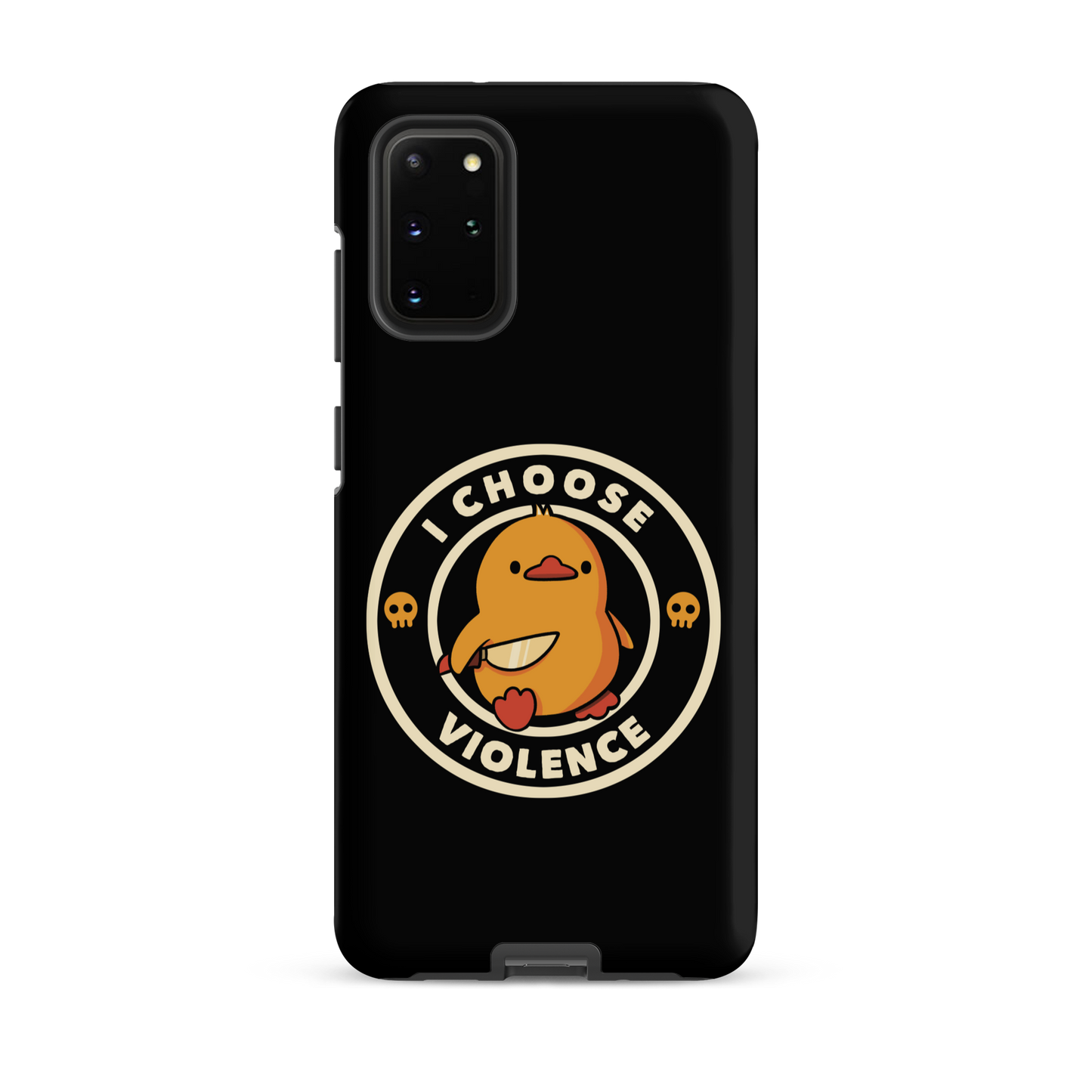 A cute, cartoon-style yellow duckling stands confidently holding a large knife in its wing. The duckling is encircled by text saying 'I CHOOSE VIOLENCE' in bold white letters. Small skull symbols flank the chick on either side, adding a touch of humor and irony to the otherwise adorable drawing.