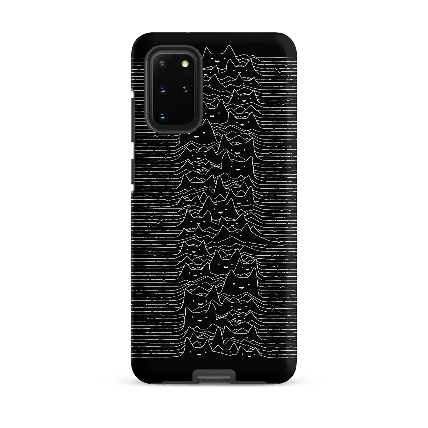 The drawing is a series of continuous wavy lines forming a pattern reminiscent of sound waves or topographic maps, but with an unexpected twist: the lines create the shapes of numerous cat faces stacked vertically. Each cat has simple, expressive features with pointed ears, adding a whimsical element to the otherwise structured pattern.