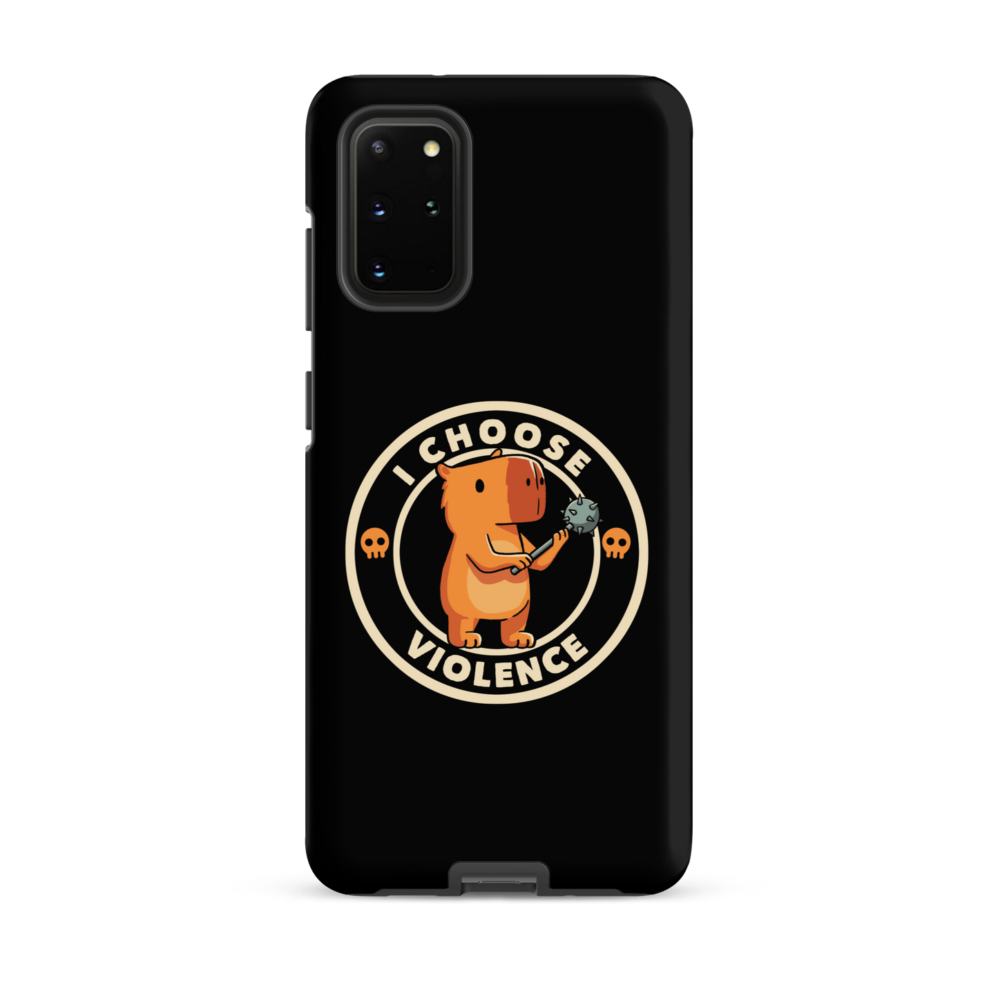 A cute, cartoonish burnt yellow capybara stands holding a spiked mace with a determined expression. Surrounding it is a circular design with the text 'I CHOOSE VIOLENCE' and two small skulls on either side, giving it a humorous yet ironic tone.