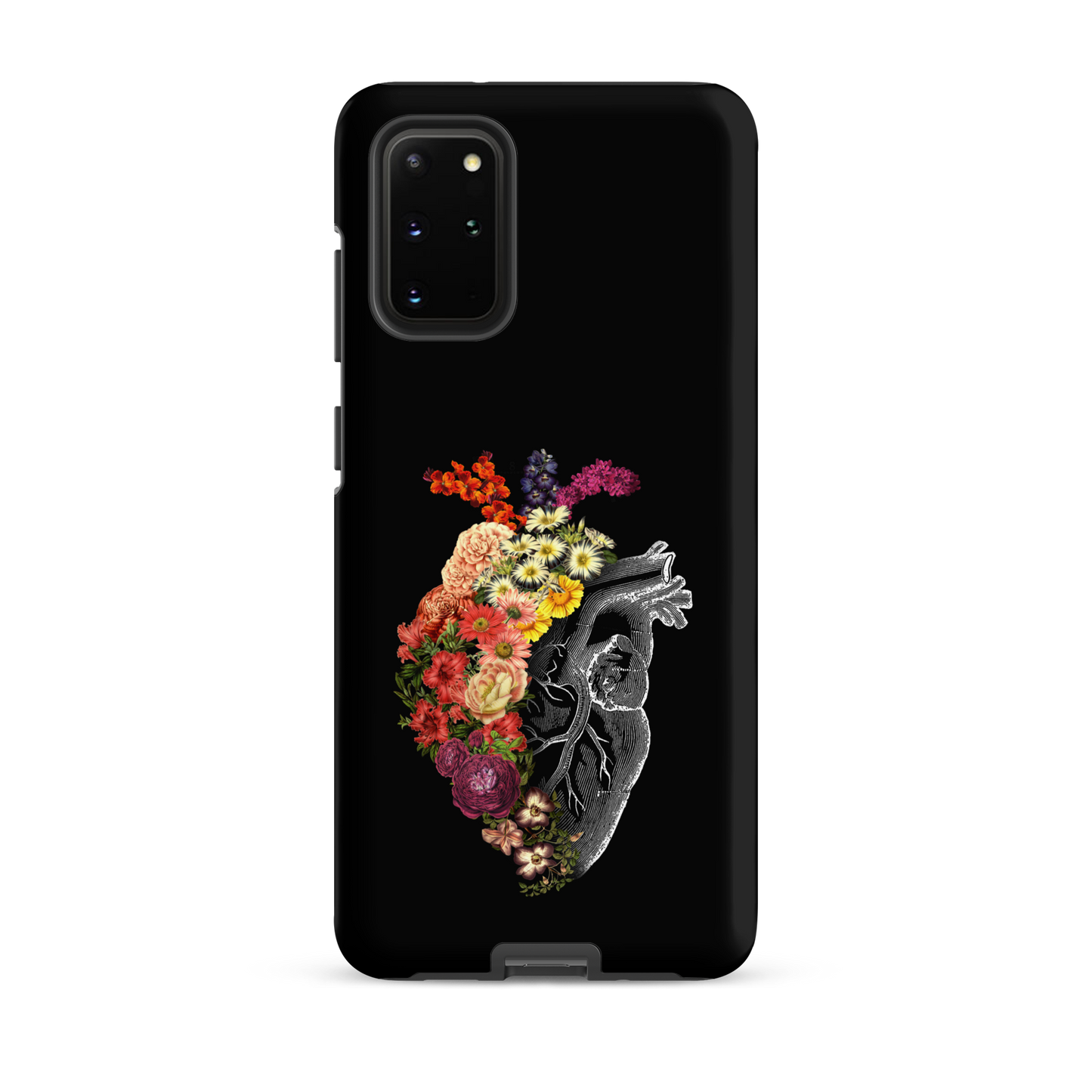 The design is an intricate and anatomical drawing of a human heart on a black background. The left side of the heart morphs into a vibrant assortment of colorful flowers, including roses, daisies, and other blooming blossoms, creating a striking contrast between the realistic and the surreal, symbolizing the harmony between nature and humanity.
