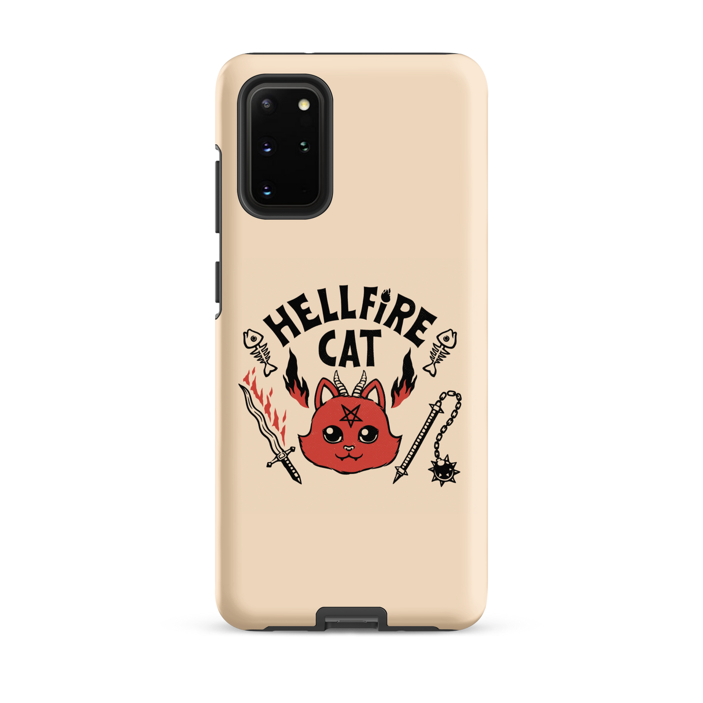 Vintage-style illustration of a cute red devil cat with small horns and a pentagram on its forehead, surrounded by flames, weapons, fish skeletons, and the bold phrase “Hellfire Cat” in a playful gothic design.
