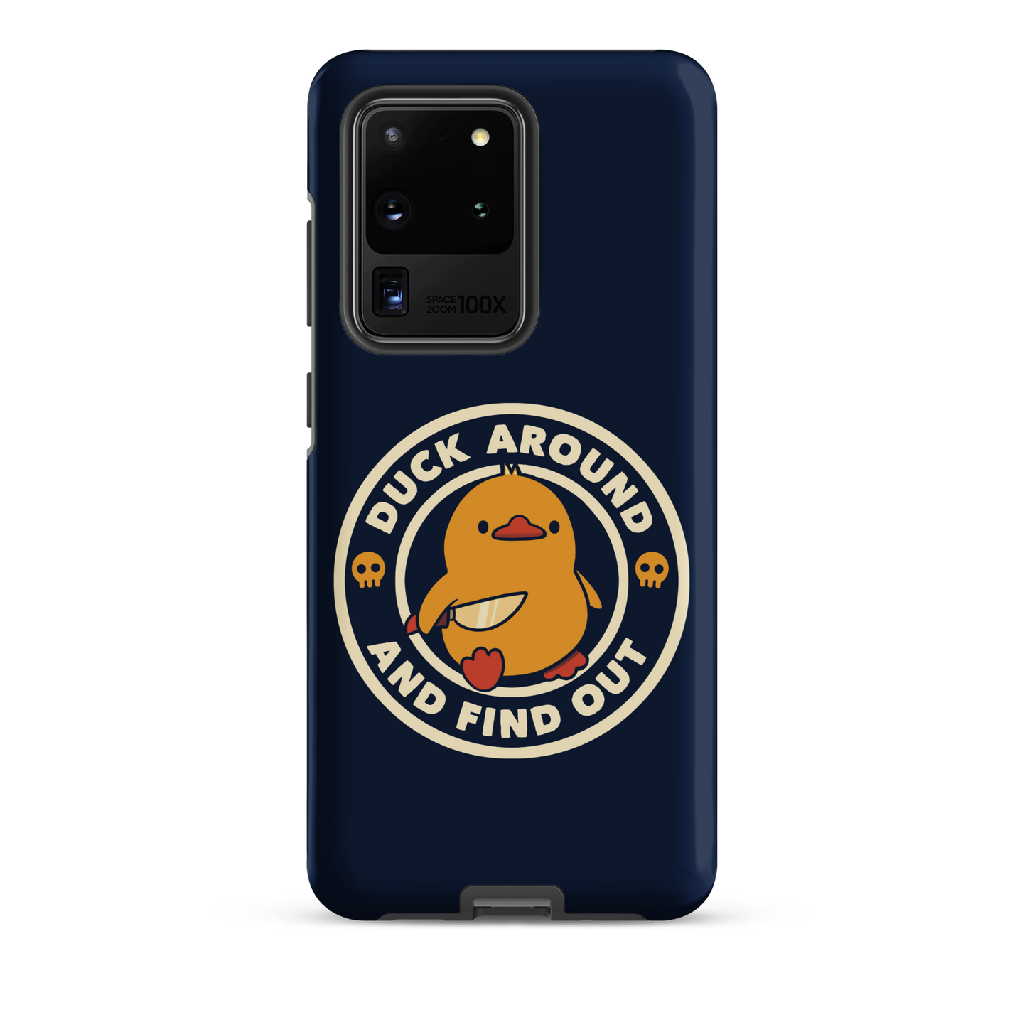 A cute yellow duck holding a small knife, around it the text "Duck Around And Find Out". An art that mixes humor with the temperament of ducks.