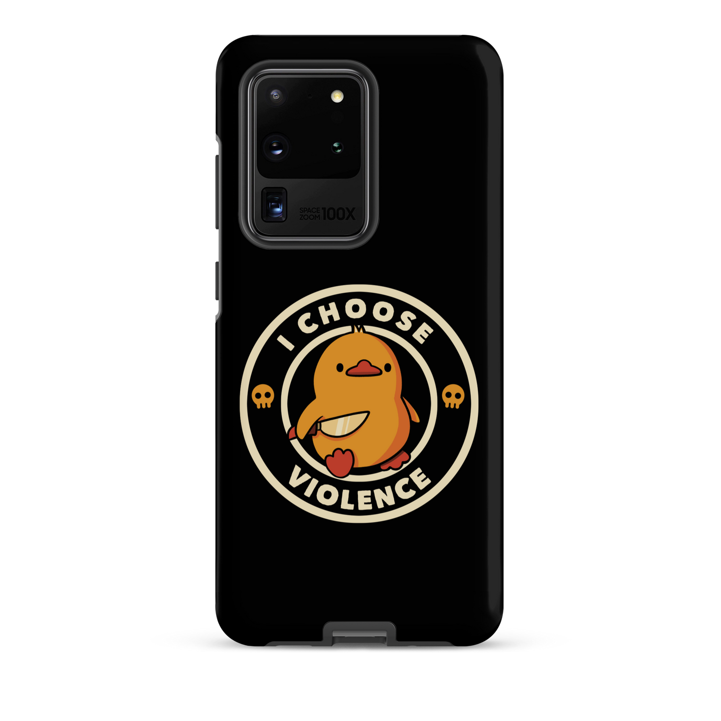 A cute, cartoon-style yellow duckling stands confidently holding a large knife in its wing. The duckling is encircled by text saying 'I CHOOSE VIOLENCE' in bold white letters. Small skull symbols flank the chick on either side, adding a touch of humor and irony to the otherwise adorable drawing.