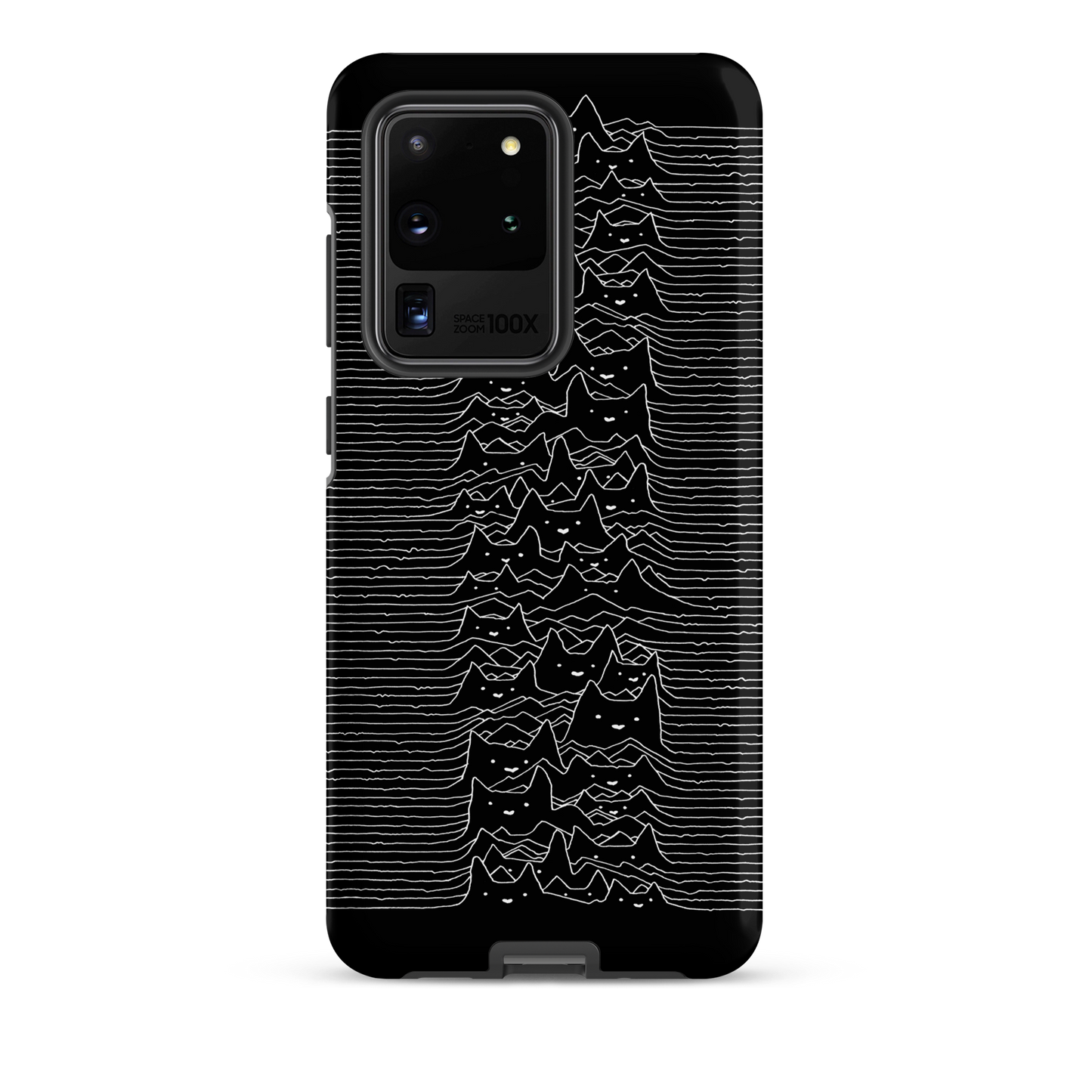 The drawing is a series of continuous wavy lines forming a pattern reminiscent of sound waves or topographic maps, but with an unexpected twist: the lines create the shapes of numerous cat faces stacked vertically. Each cat has simple, expressive features with pointed ears, adding a whimsical element to the otherwise structured pattern.