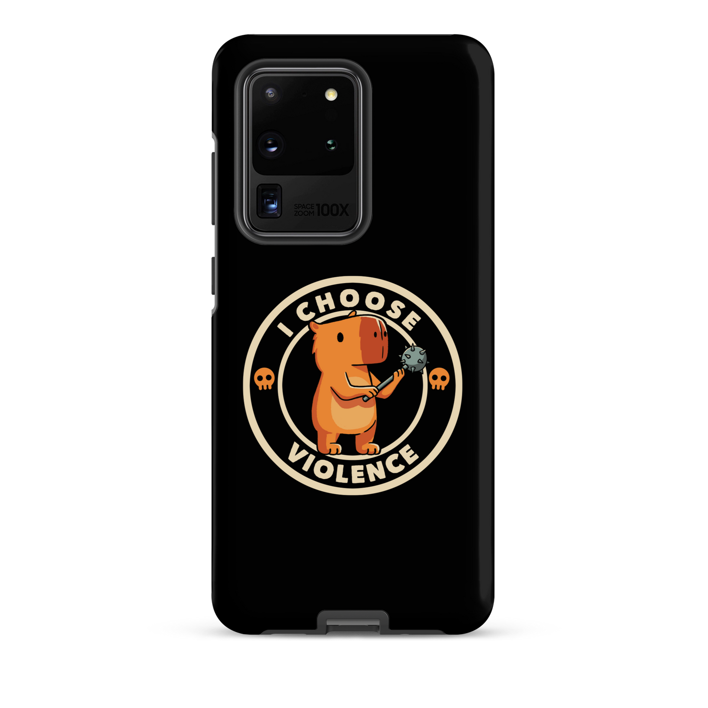 A cute, cartoonish burnt yellow capybara stands holding a spiked mace with a determined expression. Surrounding it is a circular design with the text 'I CHOOSE VIOLENCE' and two small skulls on either side, giving it a humorous yet ironic tone.