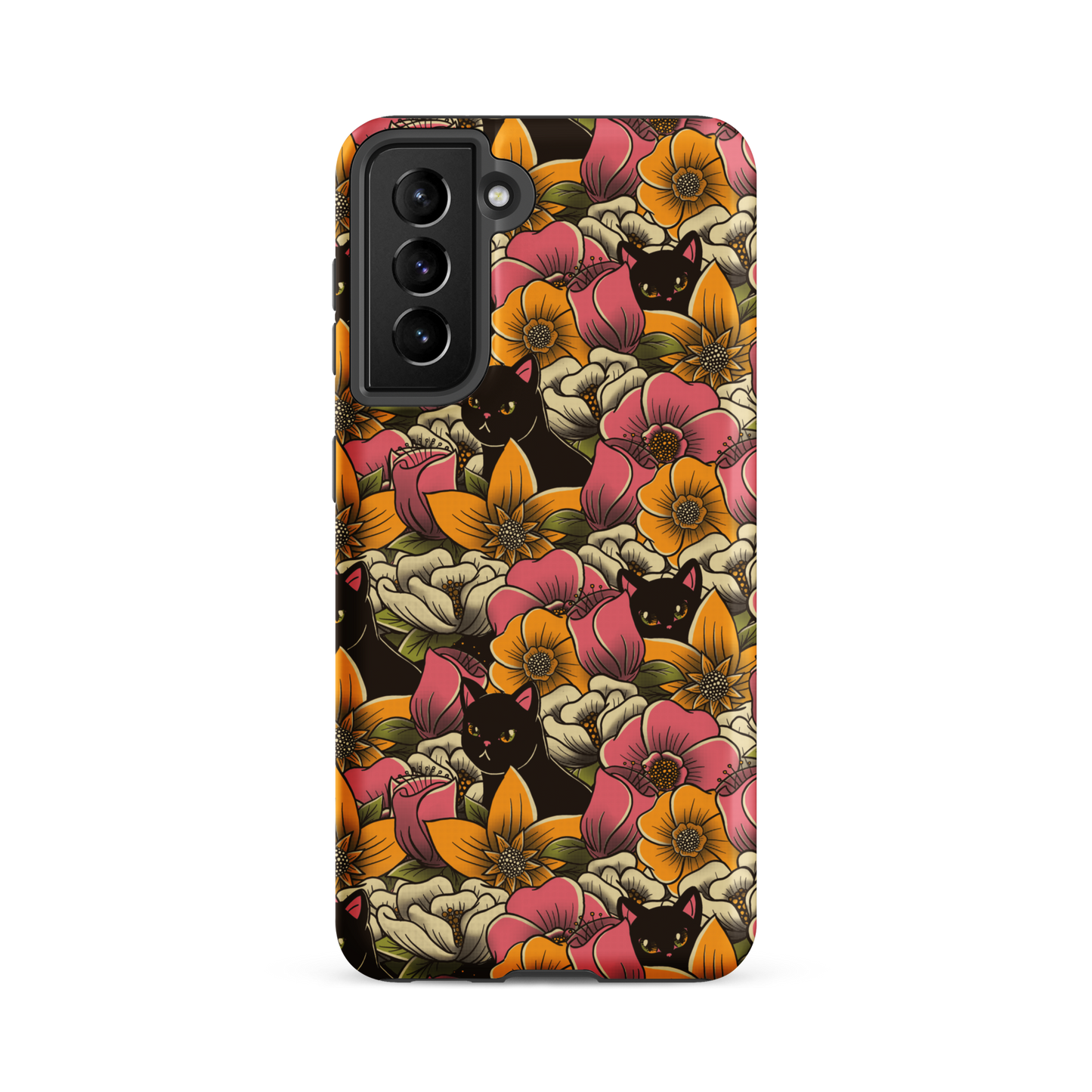 The image features a repeating pattern of colorful flowers in pink, yellow, and cream hues with lush green foliage. Interspersed among the flowers are playful black cats with bright eyes. The design has a whimsical and vibrant feel, ideal for various products like t-shirts, stickers, coffee cups, and skateboards. The style is reminiscent of traditional floral art blended with playful elements of animal decor.