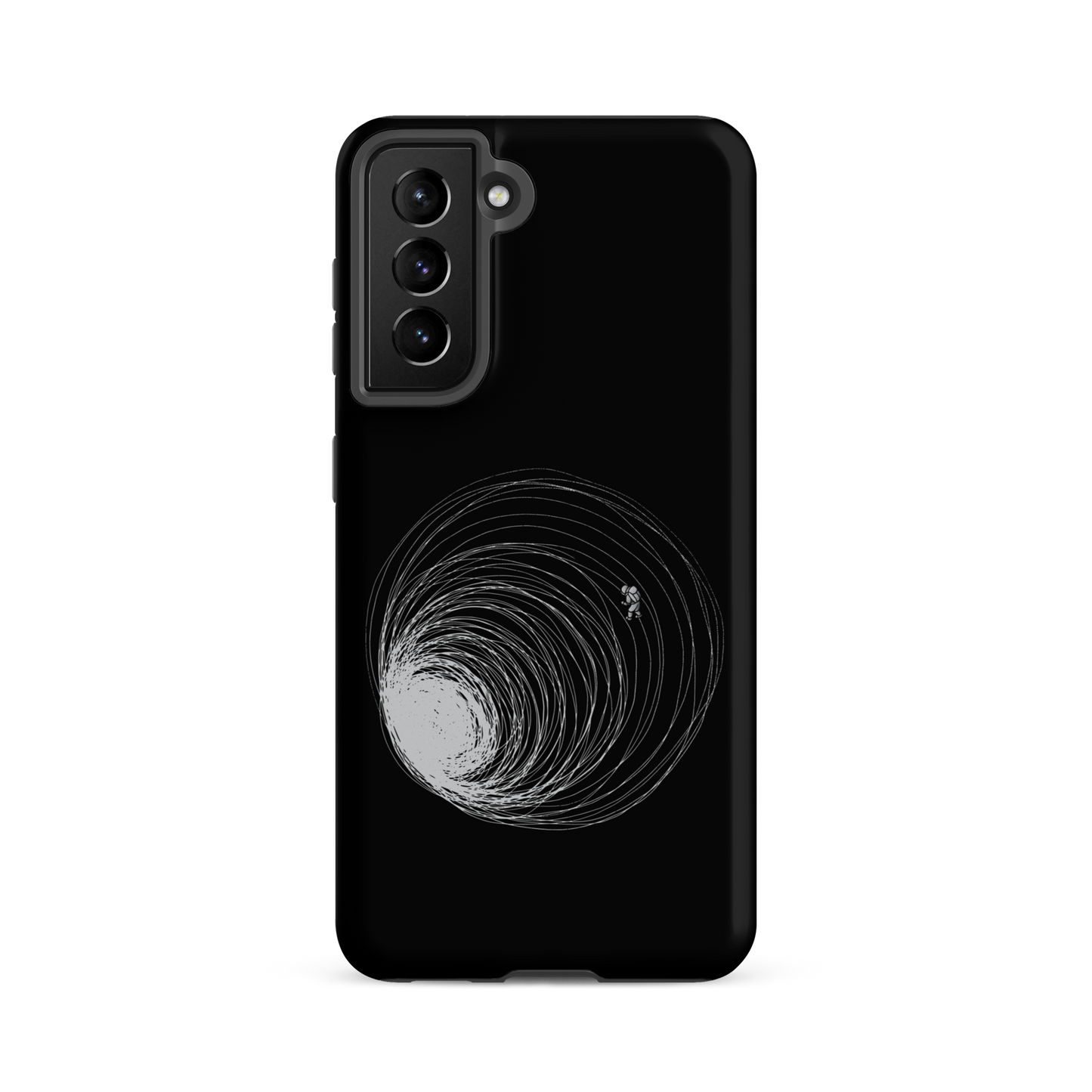 A big black hole with an astronaut floating around as if being sucked into it. A minimalist art perfect for those who love space.