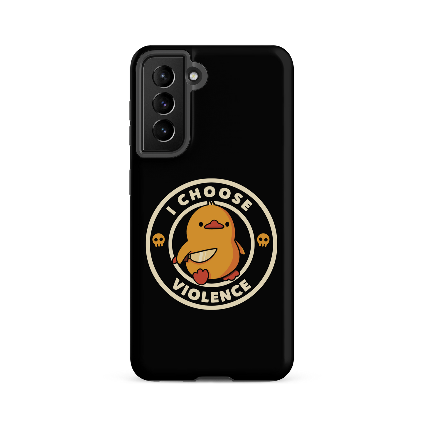 A cute, cartoon-style yellow duckling stands confidently holding a large knife in its wing. The duckling is encircled by text saying 'I CHOOSE VIOLENCE' in bold white letters. Small skull symbols flank the chick on either side, adding a touch of humor and irony to the otherwise adorable drawing.