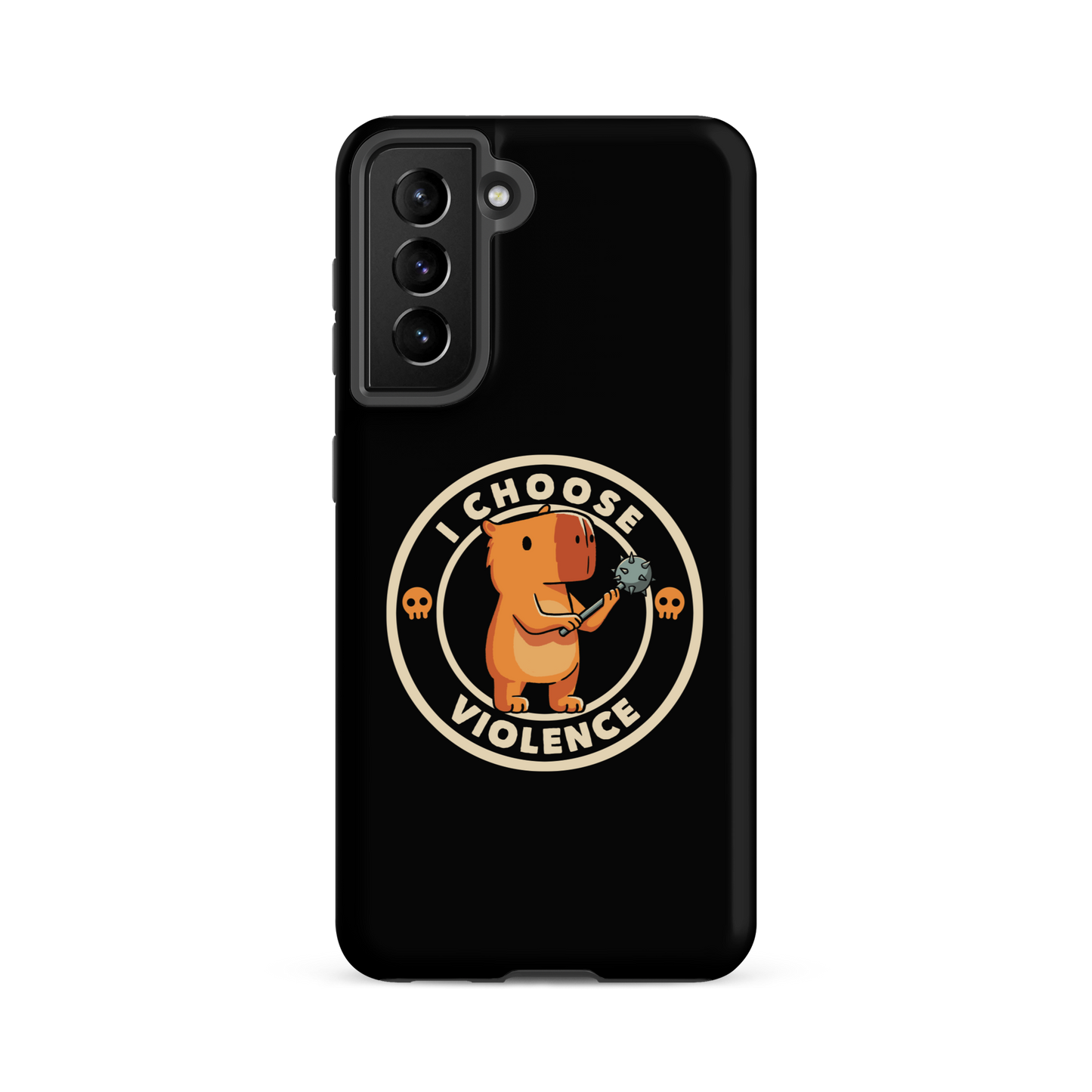 A cute, cartoonish burnt yellow capybara stands holding a spiked mace with a determined expression. Surrounding it is a circular design with the text 'I CHOOSE VIOLENCE' and two small skulls on either side, giving it a humorous yet ironic tone.