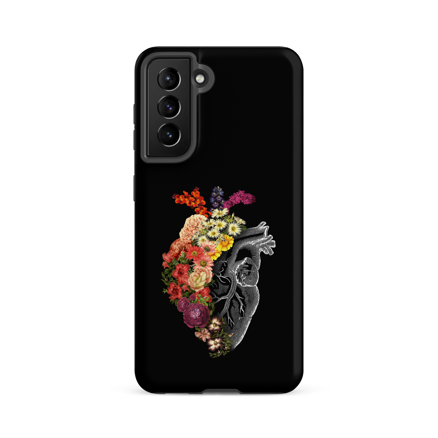 The design is an intricate and anatomical drawing of a human heart on a black background. The left side of the heart morphs into a vibrant assortment of colorful flowers, including roses, daisies, and other blooming blossoms, creating a striking contrast between the realistic and the surreal, symbolizing the harmony between nature and humanity.