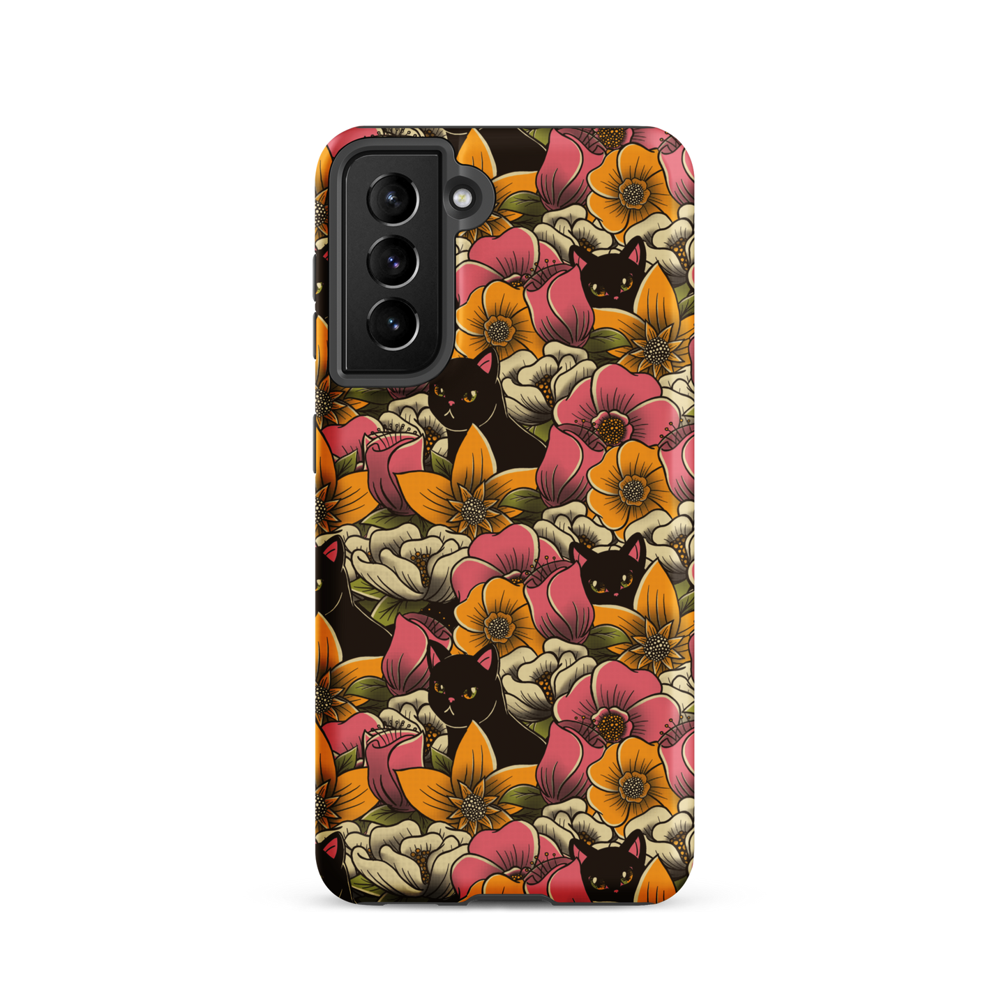 The image features a repeating pattern of colorful flowers in pink, yellow, and cream hues with lush green foliage. Interspersed among the flowers are playful black cats with bright eyes. The design has a whimsical and vibrant feel, ideal for various products like t-shirts, stickers, coffee cups, and skateboards. The style is reminiscent of traditional floral art blended with playful elements of animal decor.
