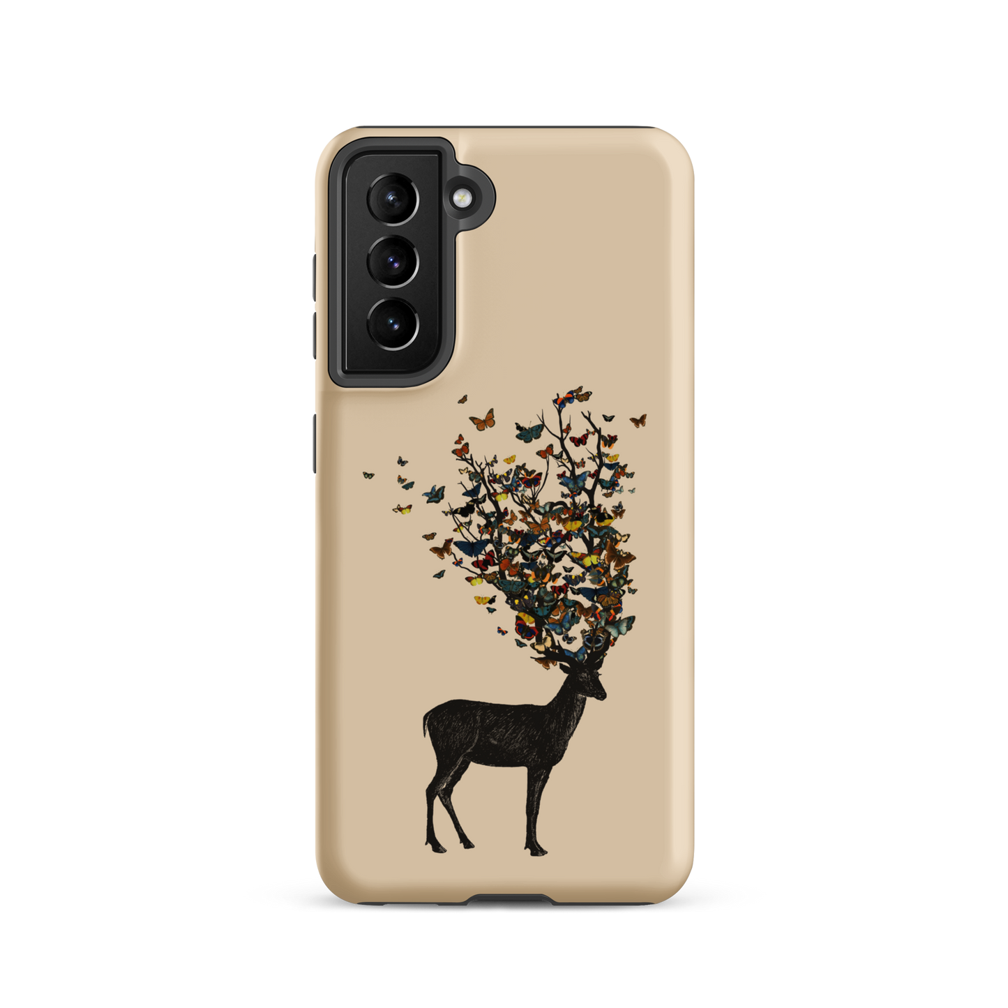 The image depicts a dark, silhouetted deer standing on a neutral background. Instead of branches, its antlers transform into a swirling cloud of vibrant, colorful butterflies that extend upwards and outward. The mix of organic and ethereal elements creates a captivating and whimsical visual contrast.