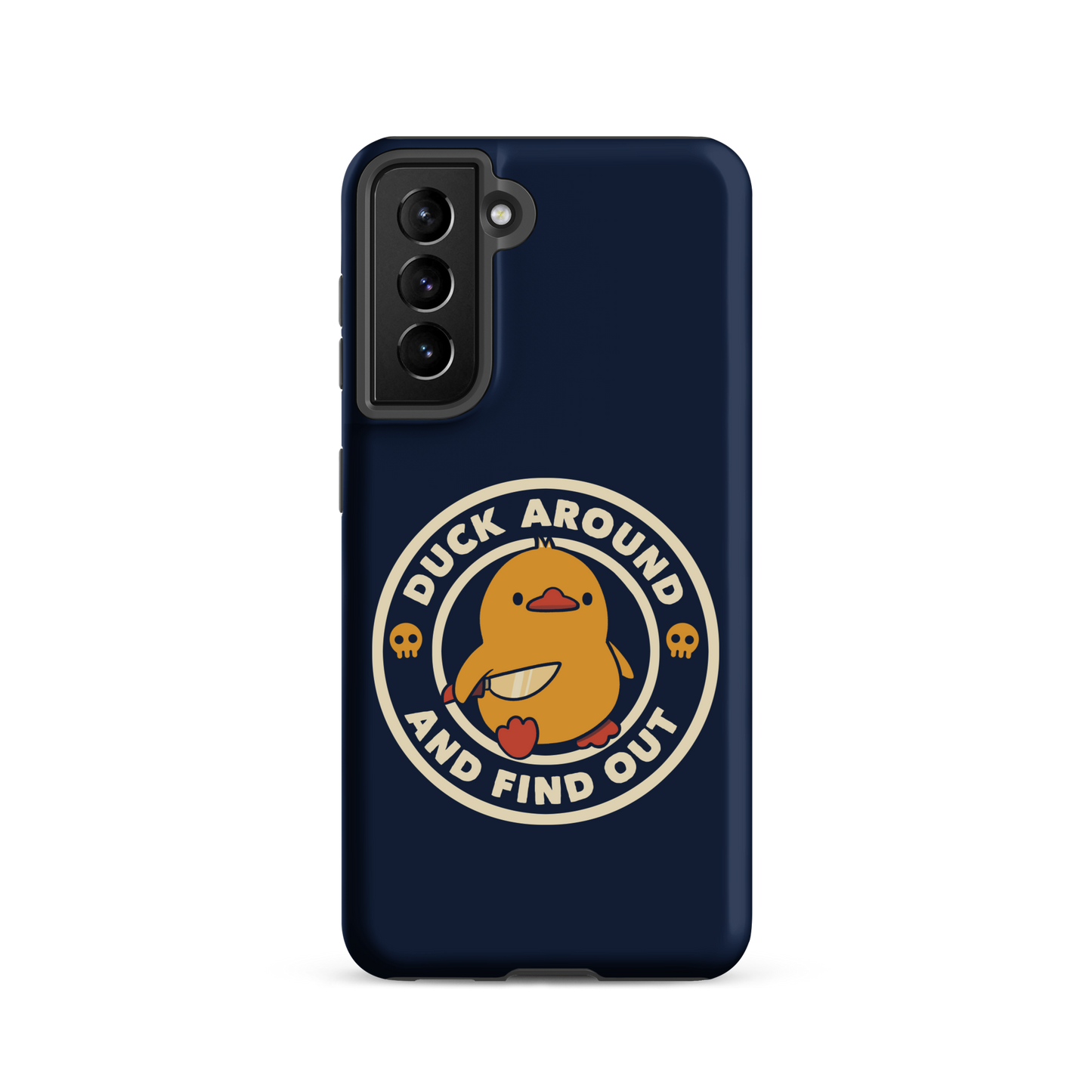 A cute yellow duck holding a small knife, around it the text "Duck Around And Find Out". An art that mixes humor with the temperament of ducks.