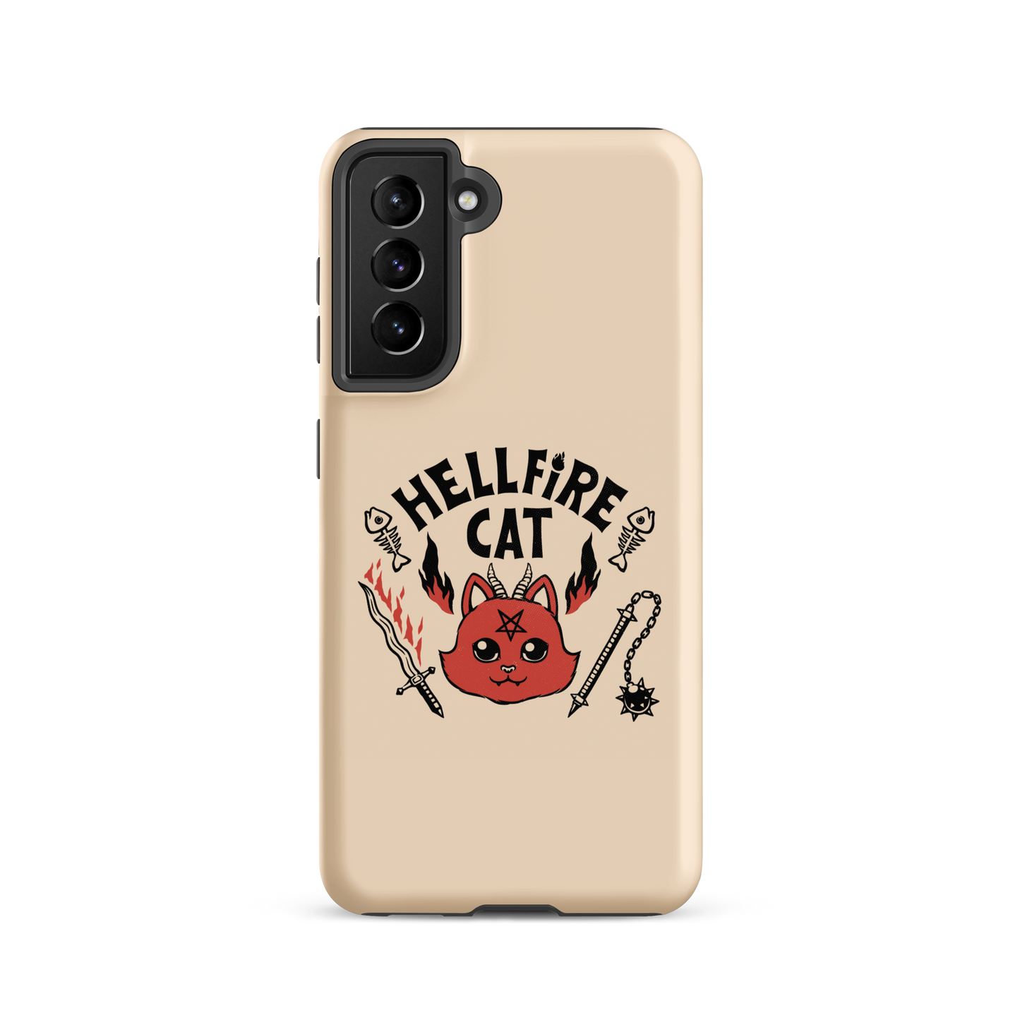 Vintage-style illustration of a cute red devil cat with small horns and a pentagram on its forehead, surrounded by flames, weapons, fish skeletons, and the bold phrase “Hellfire Cat” in a playful gothic design.